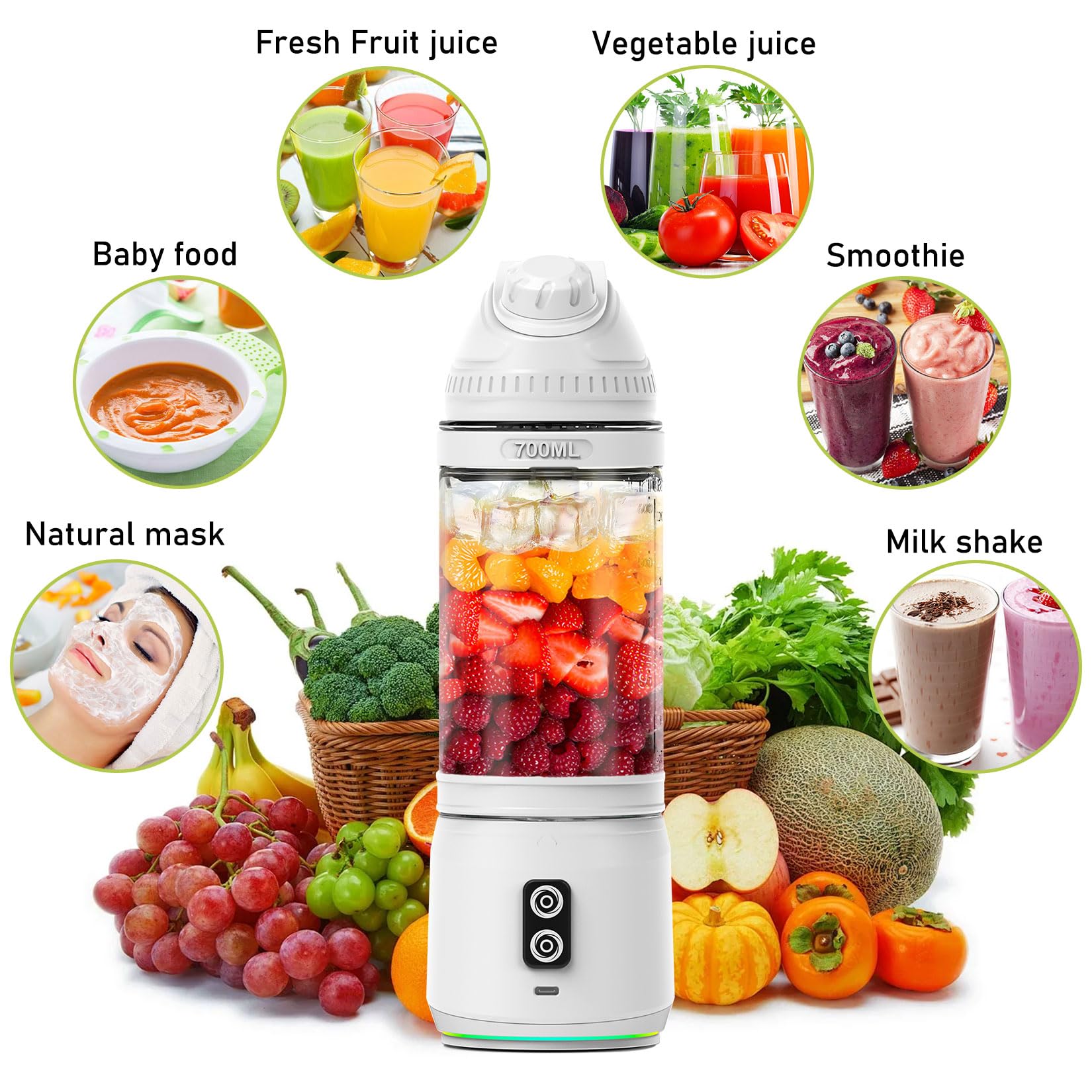 Herbst Frullatore portatile da 700 ml, frullatore per smoothie to go, Fresh Juice Mixer Flacone con 6 lame e USB ricaricabile (bianco)