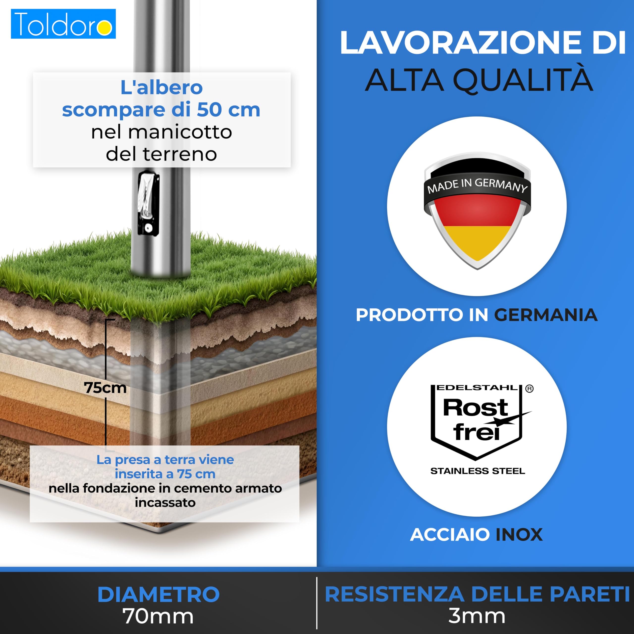 Toldoro 300cm Palo per vela ombreggiante regolabile in altezza/Palo per vela con guida per la regolazione dell'altezza/Pali per vele ombreggianti