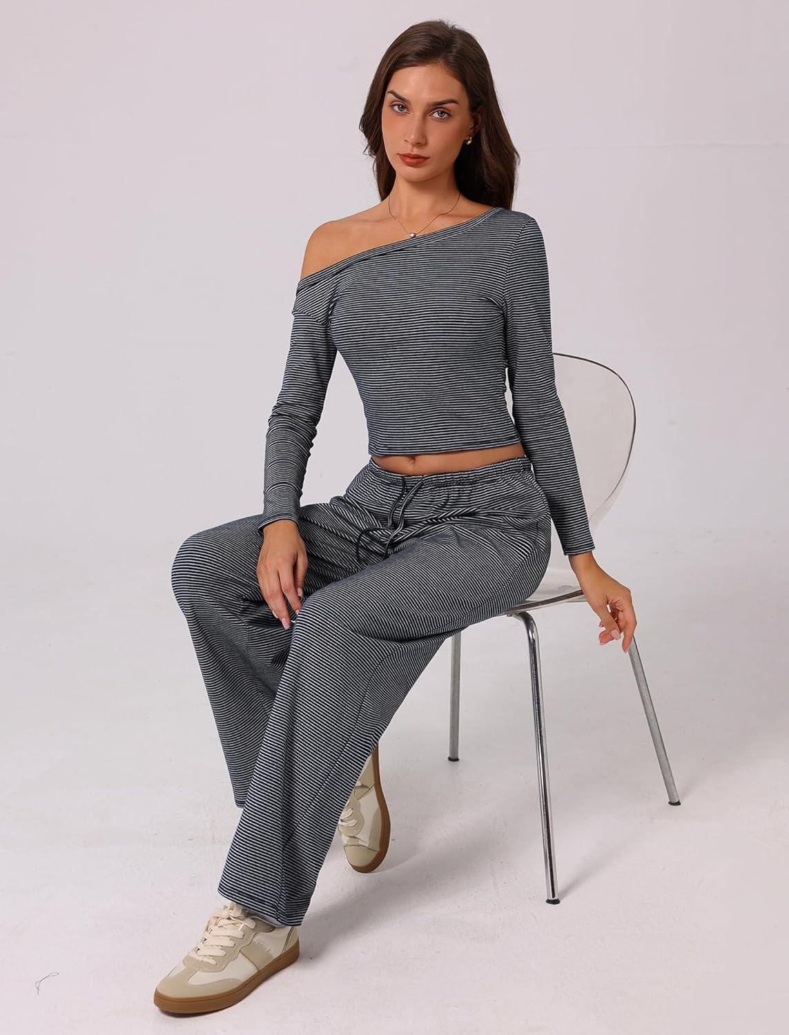 ABOCIW Women's 2 Piece Sets Fall Outfits Striped Off Shoulder Long Sleeve Top Wide Leg Pants Tracksuits Lounge Sets - Image 5
