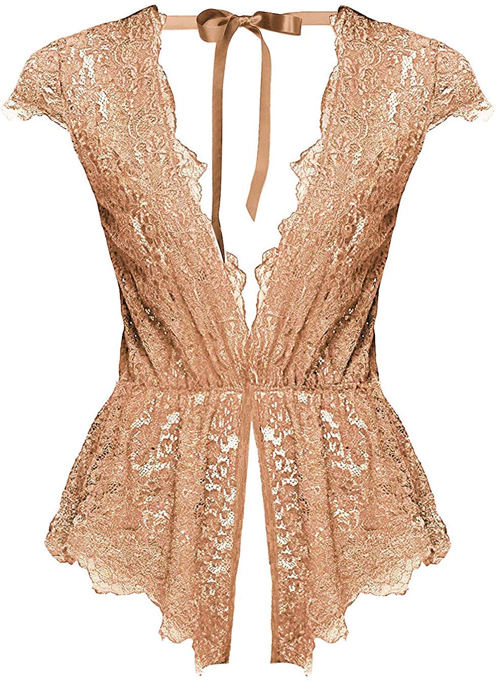 Womens V Neck Floral Lace Bodysuit Sheer Lingerie Set