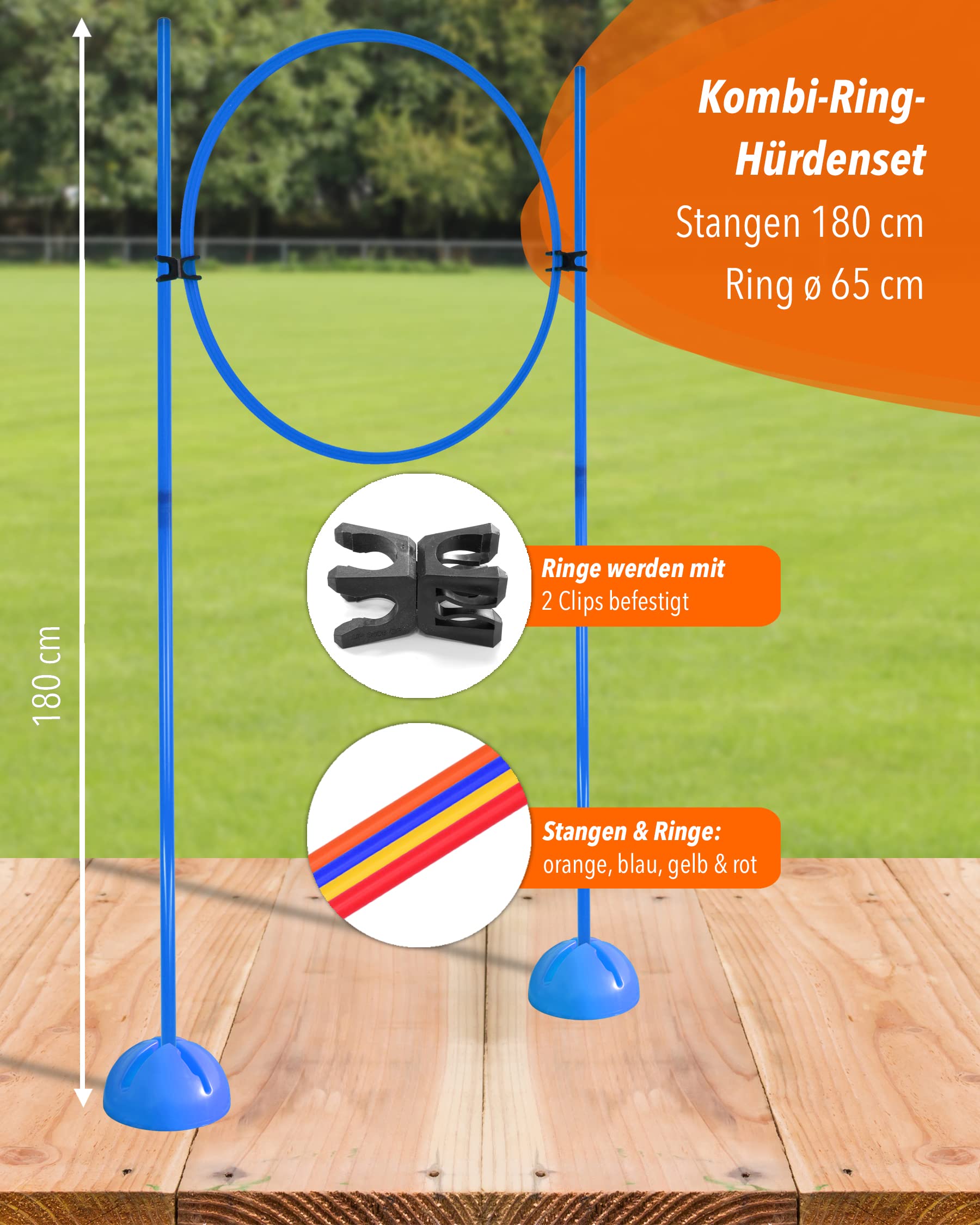Kombi-Ring-Hürdenset – Ring ø 65 cm & Stangen 180 cm – Training der Sprungkraft & Koordination – mit befüllbarem X-Standfuß – Agility-Hürde für Fußball, Leichtathletik & Hundesport