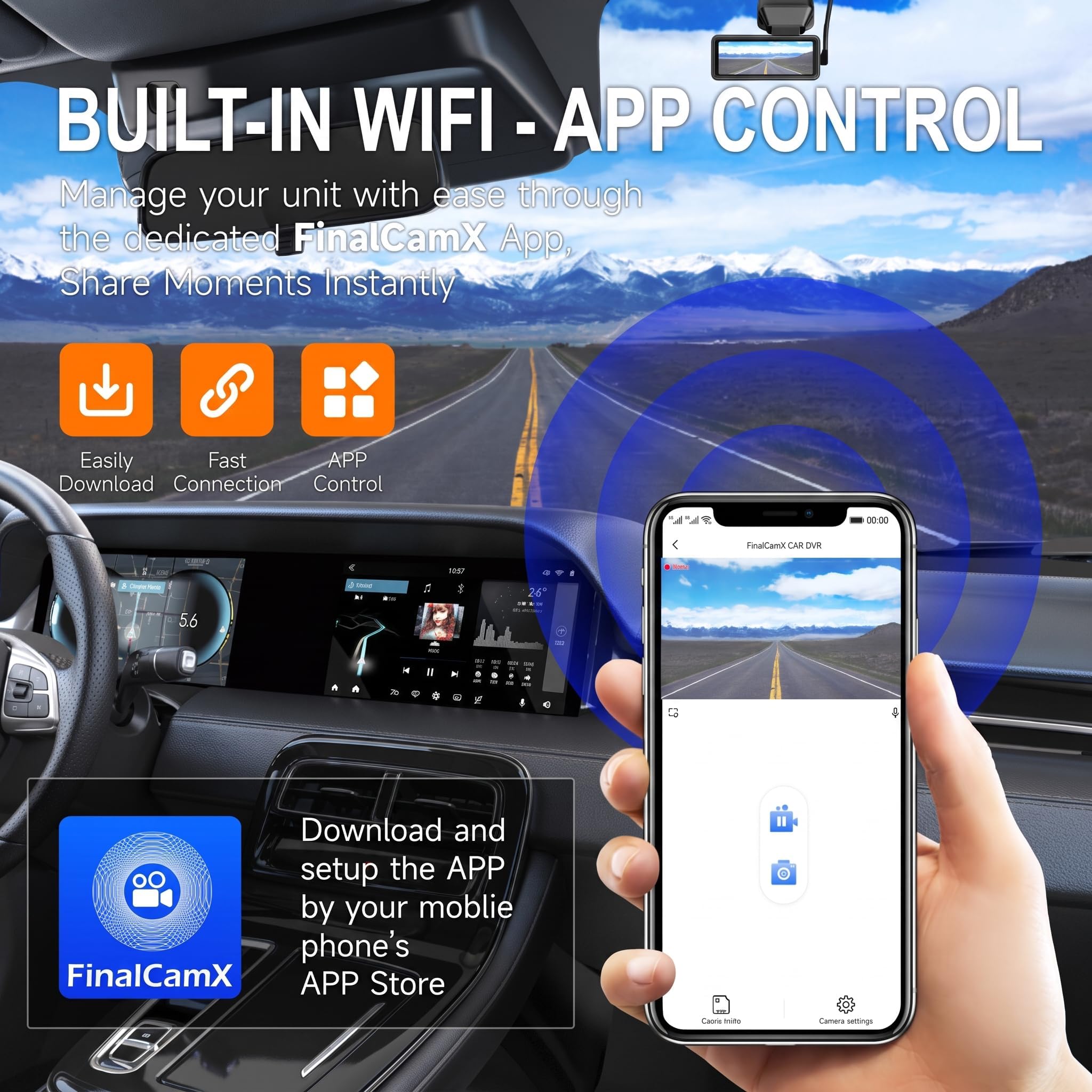 Dashcam per auto, anteriore e posteriore, 4K 2160P + 1080P, WiFi, con