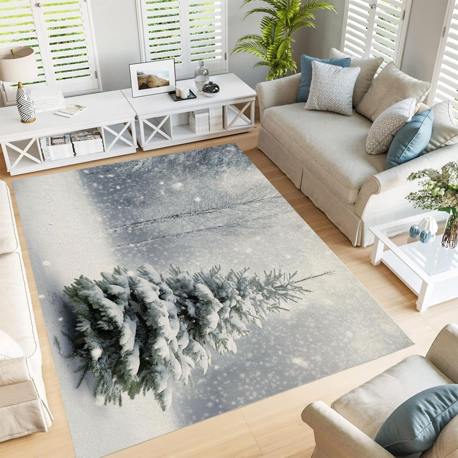 Tapis de salon moderne 150x210cm à motif sapin de Noël et flocons doux