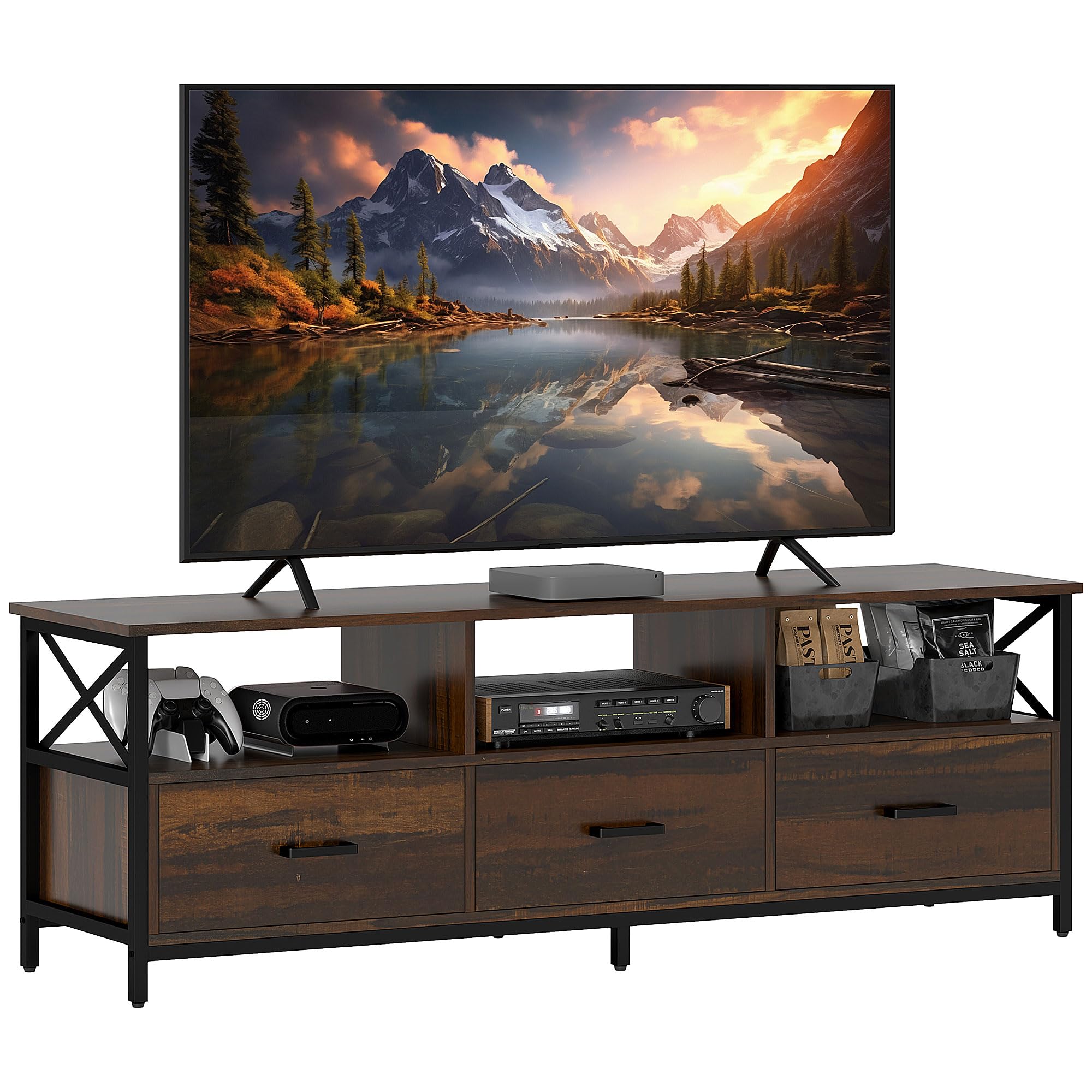 Mobile TV Soggiorno Con 3 Ripiani Aperti E Cassetto In Tessuto - Per TV Fino A 120 Cm, Struttura In Acciaio, Design Retrò, Coleshome