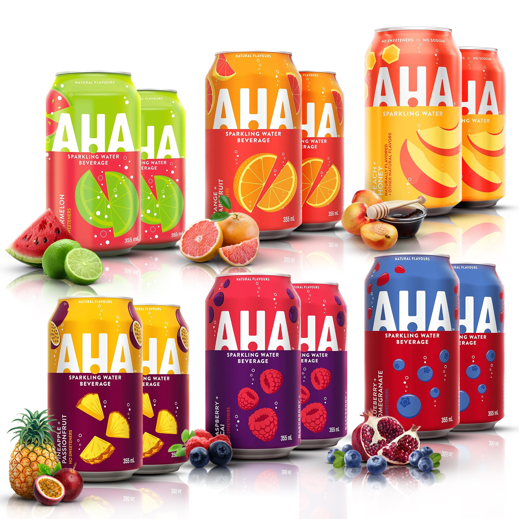 Generic AHA Raspberry Acai, Peach Honey, Pineapple Passionfruit, Lime Watermelon, Blueberry Pomegranate, Orange Grapefruit, 12 Cans, 12 x 355 mL/12 fl. oz (Shipped from Canada)