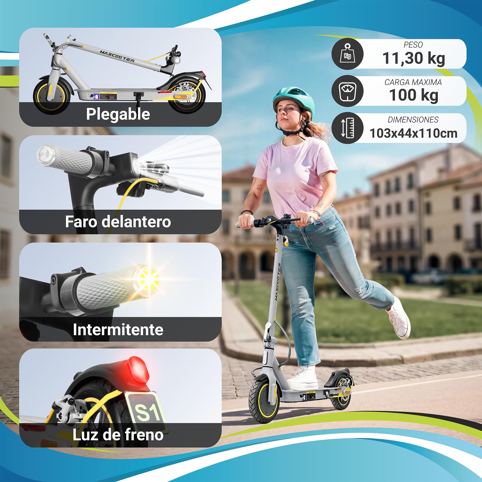 MASCOOTER S1 Patinete Eléctrico Adultos Homologado DGT 300W-600W MAX 20km Autonomía App Móvil