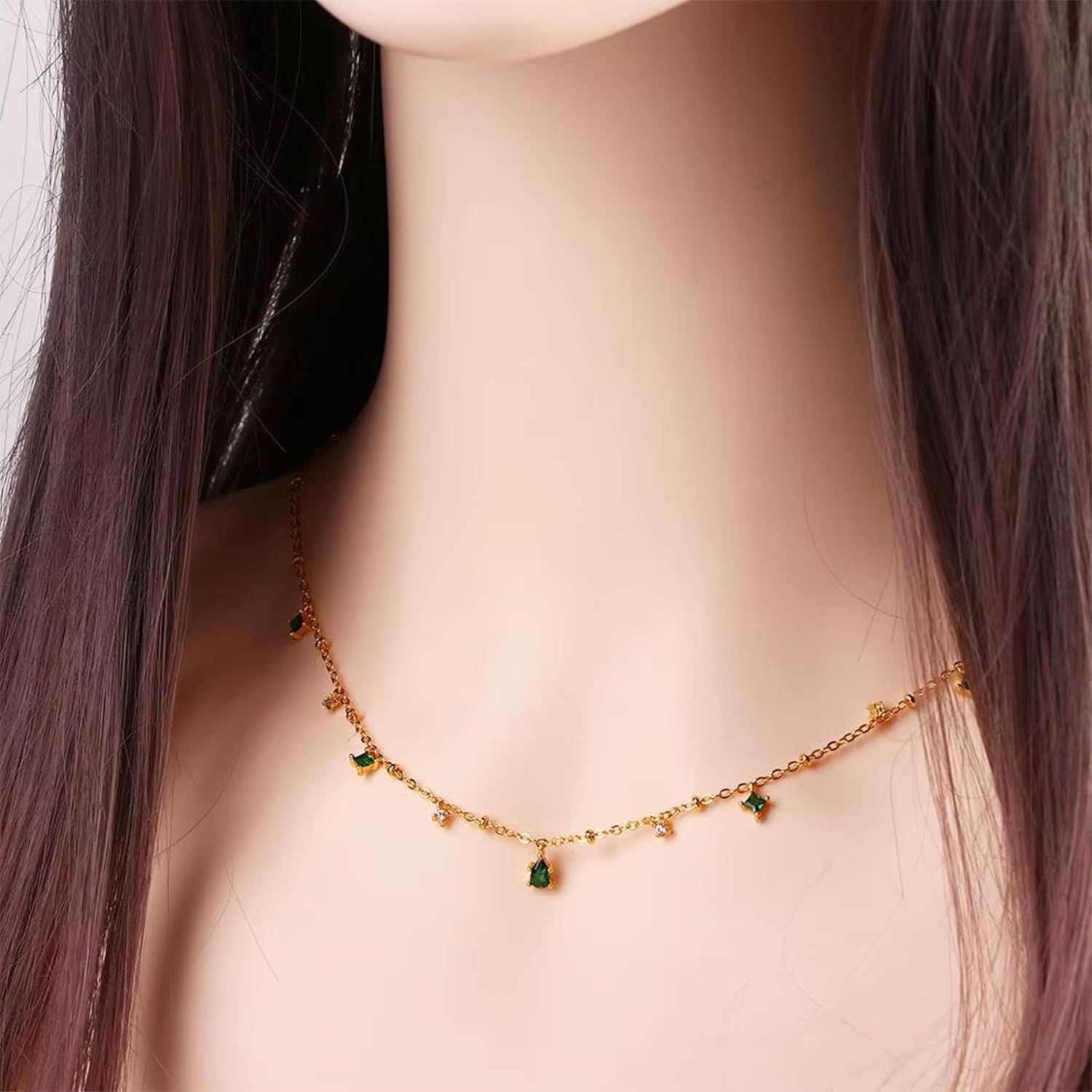 QueenBee 925 Sterling Silver 18K Gold Plated Green Teardrop Pendant Necklace for Women, Emerald Color CZ Station Chain, Adjustable 40+5cm, Christmas Valentine’s Day Mother’s Day Gift - Image 8