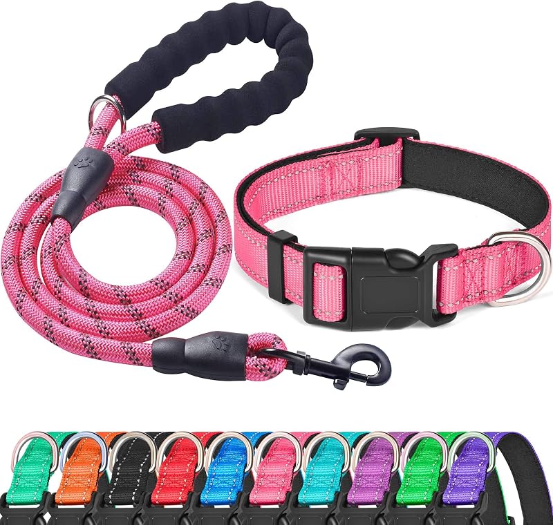Coleira refletiva para cães com acolchoamento em neoprene macio ladoogo Grande Rosa com guia de 1,52 m