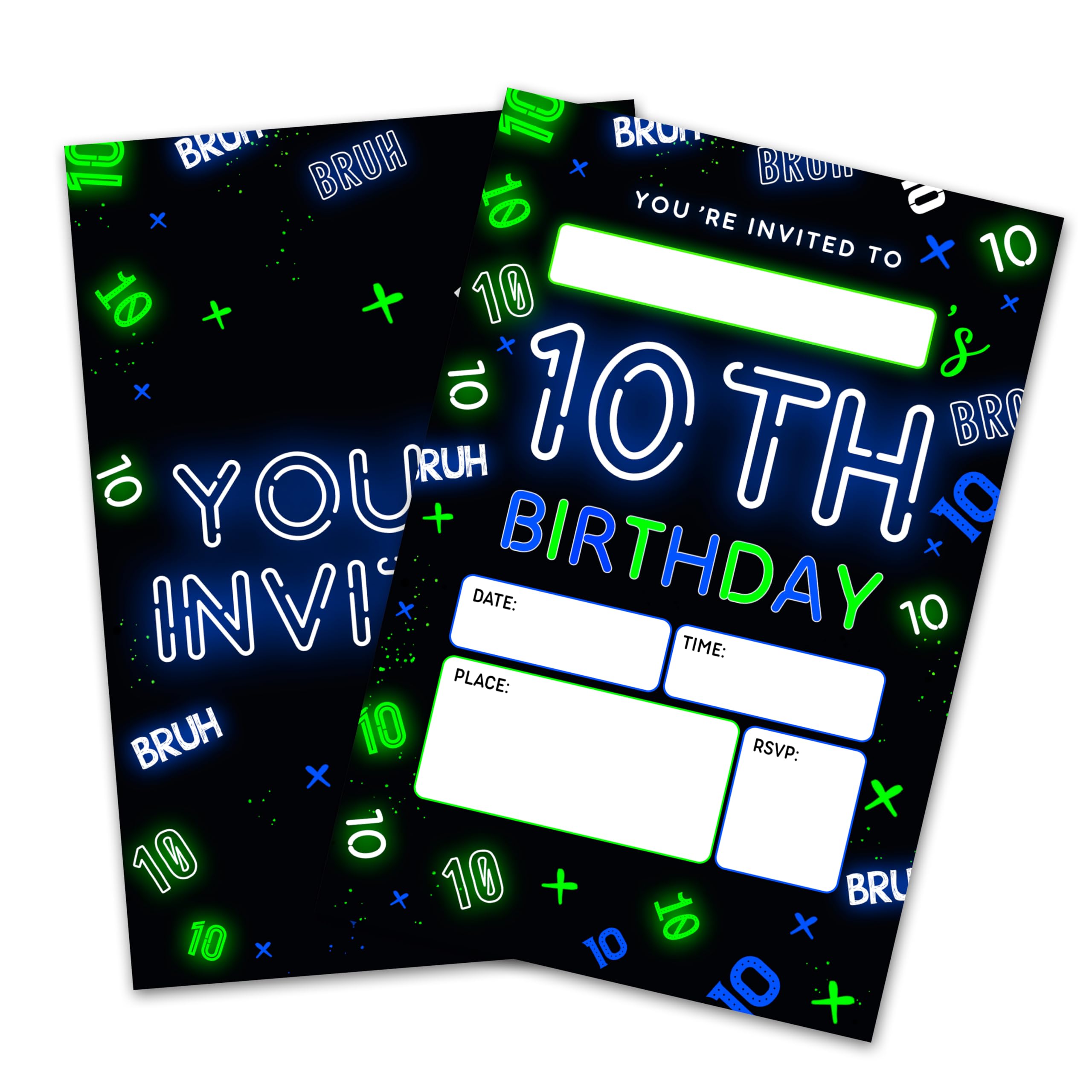 AMHGLW 10th Glow Neon Birthday Invitations - 20 Sets Birthday Party Invites With Envelopes - Double Sided Print Fill In Style Invites For Boys & Girls