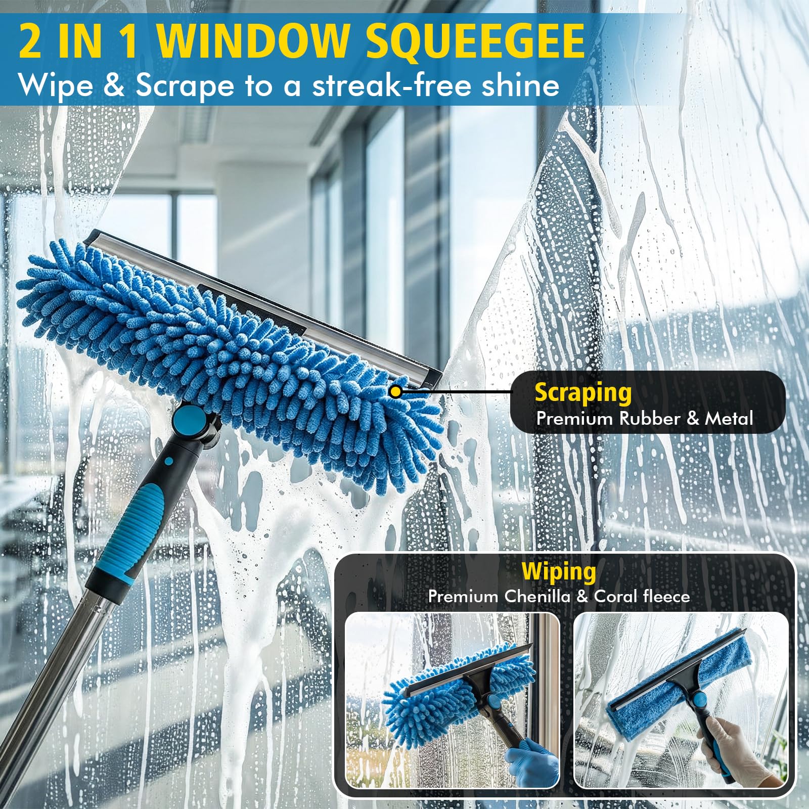 El juego de equipo de limpieza de ventanas de 4,5 m incluye limpiador de ventanas de 400 ml y escobilla de goma 2 en 1 con poste de limpieza extensible, kit de limpieza de ventanas sin rayas para - 5