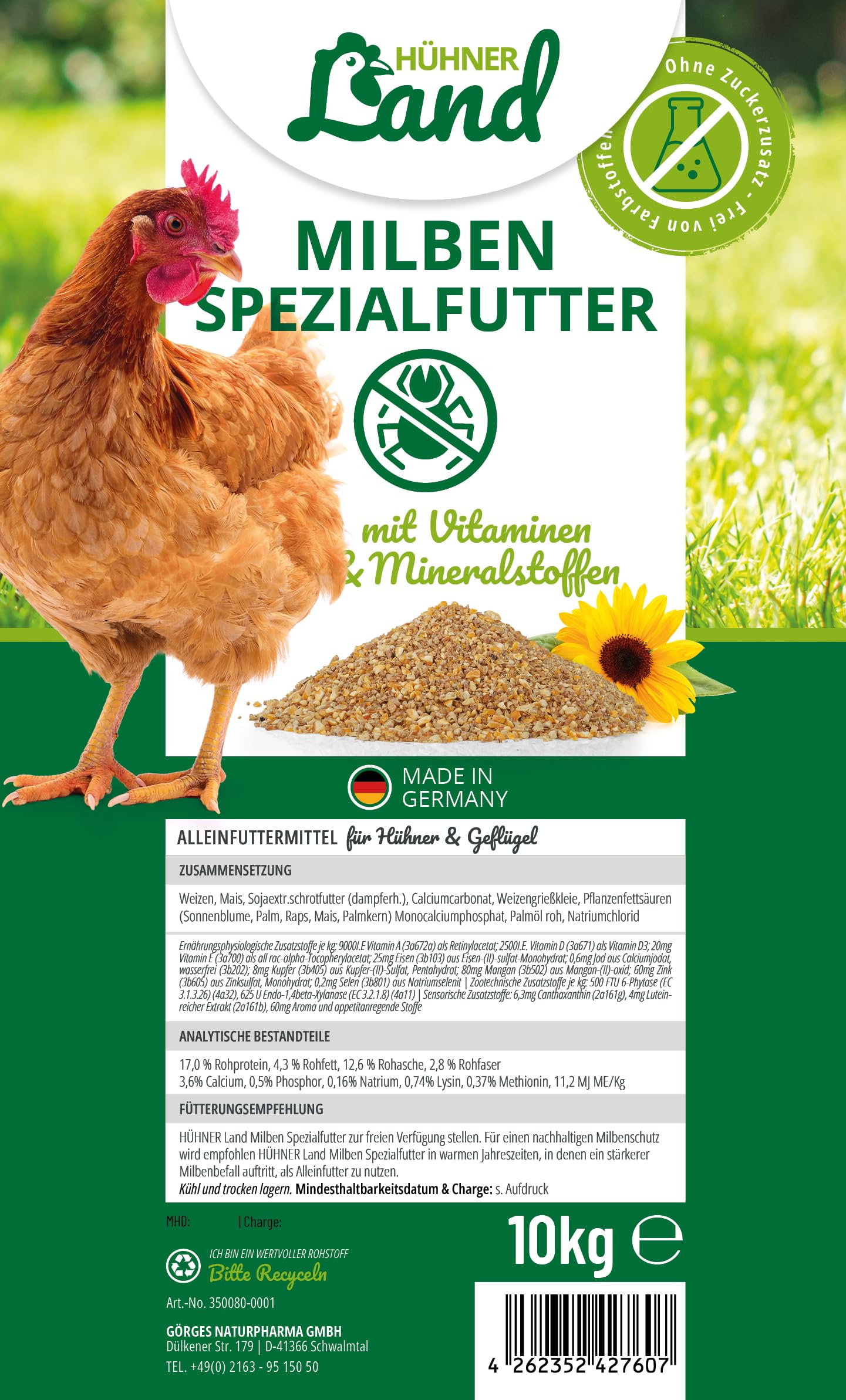 HÜHNER Land Milben-Spezial Hühnerfutter mit Vitaminen & Mineralstoffen 10kg - Ohne Farbstoffe & Zuckerzusätze, Premium Körner- und Saatmischung, Abwechslung Hühner Alleinfutter