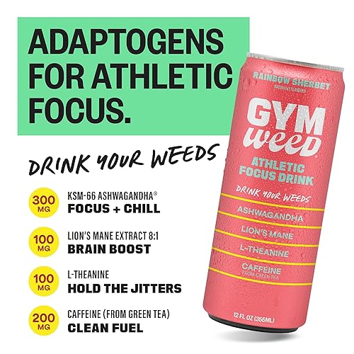 Miniatura 4 de GYM WEED Adaptogen Energy Drink, Rainbow Sherbet  Bebida adaptogénica con cero azúcar  Ashwagandha, melena de león, cafeína y L-teanina para energía