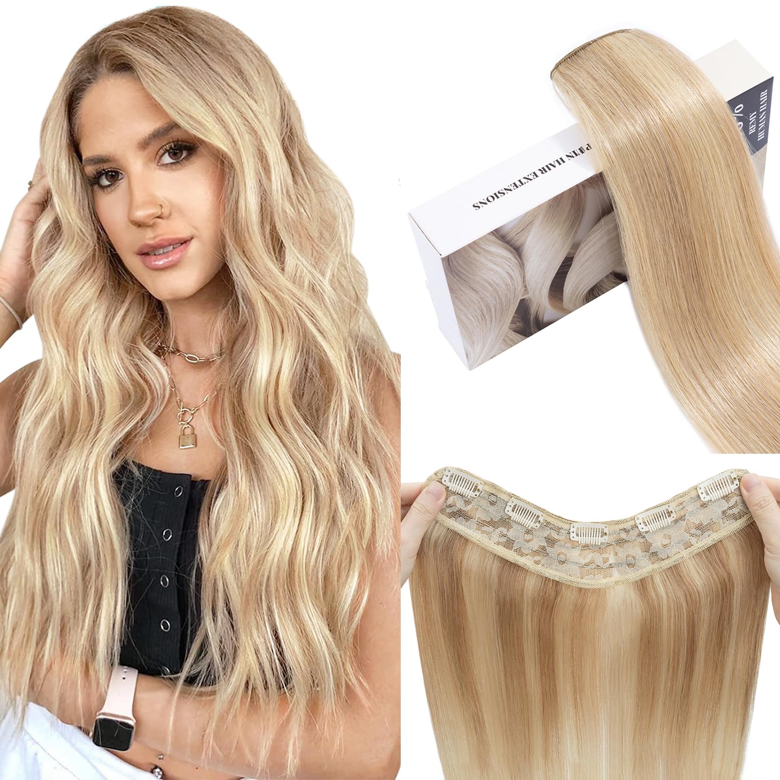UK-Fashion-Shop Clip in Extensions Echthaar Blond 55cm Extensions Echthaar Clip 1 Tresse Remy Haarverlängerung Echtes Haar Glatte Haarverdichterung, 75g #18/613 Balayage Blond