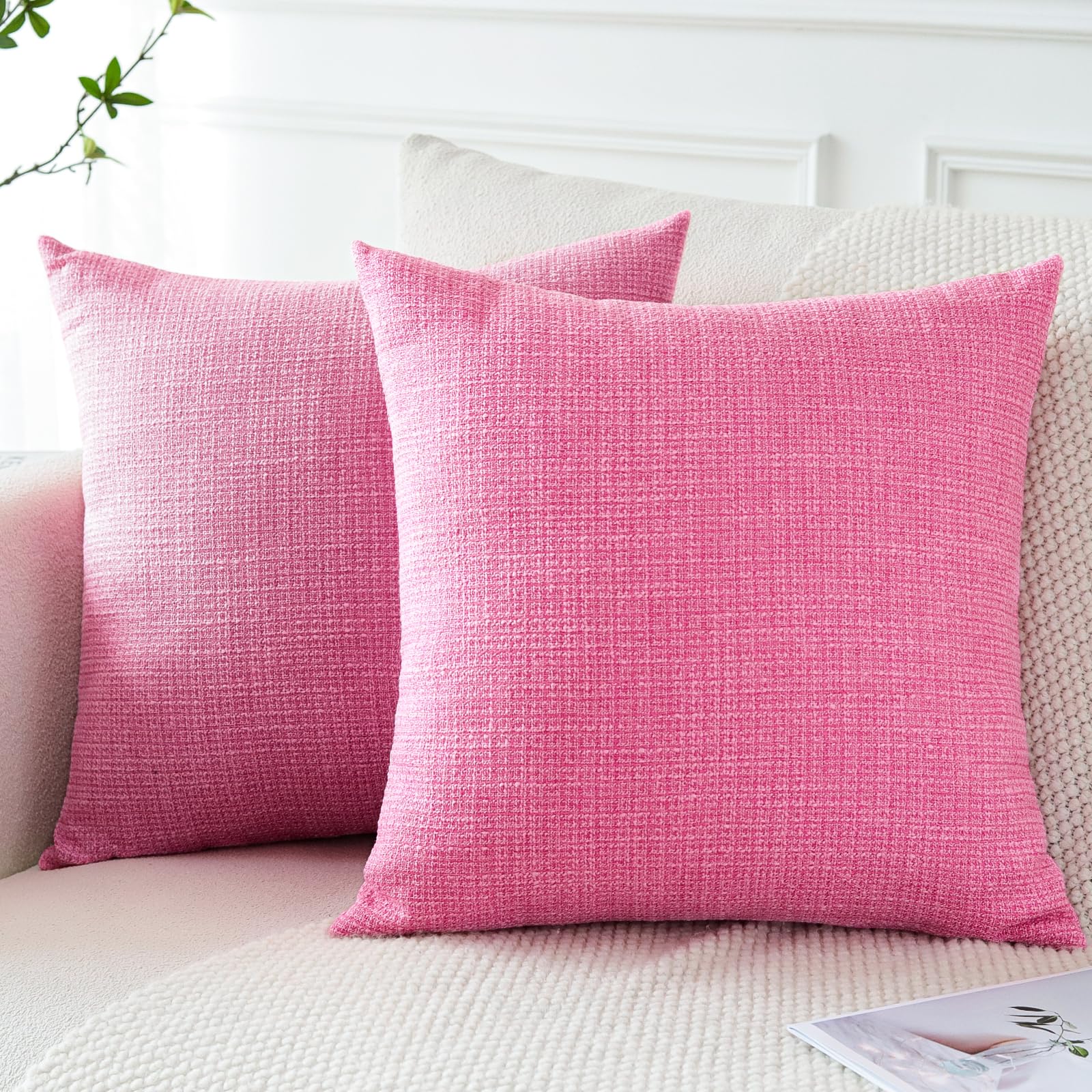 OTOSTARLinen Throw Pillow Covers Set of 2 Decorative Square Pillowcases Cushion Covers 14x14 Inch for Home Decor Sofa Bedroom Car 35 x 35 CM Hot Pink CT-DM