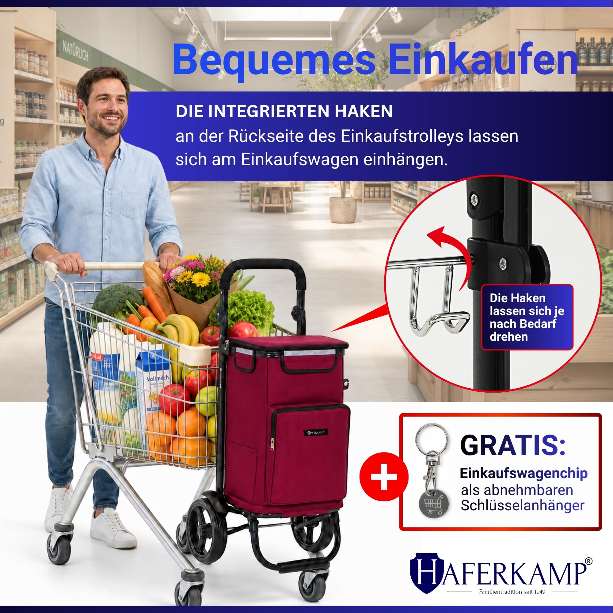 Klappbarer Einkaufstrolley TRAGINO 3-in1 Einkaufswagen, Bordeaux Rot | mit Kühl- und Getränkefach, groß, modern & abnehmbare Tasche, höhenverstellbar, mit Reflekotren, Volumen: 60 Liter