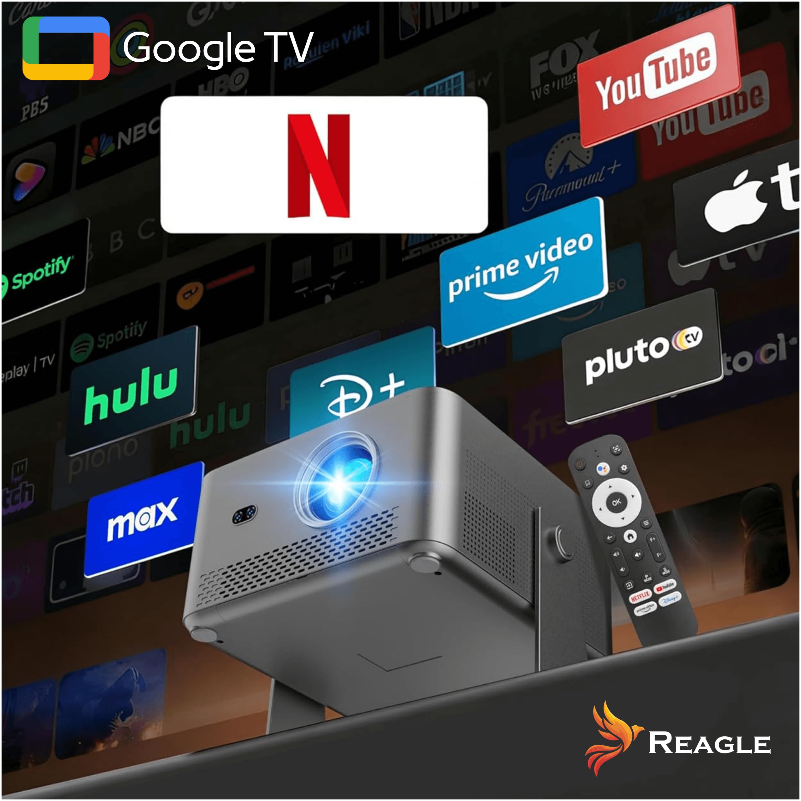 Reagle R-MOVIELUM-P70 Proiettore con Google TV Full HD 1080p 4K Upscaling 1100 ANSI LED 140 Pollici Wi-Fi 5 Bluetooth 5.1 Autofocus Keystone HDMI USB Girevole 180° Home Cinema