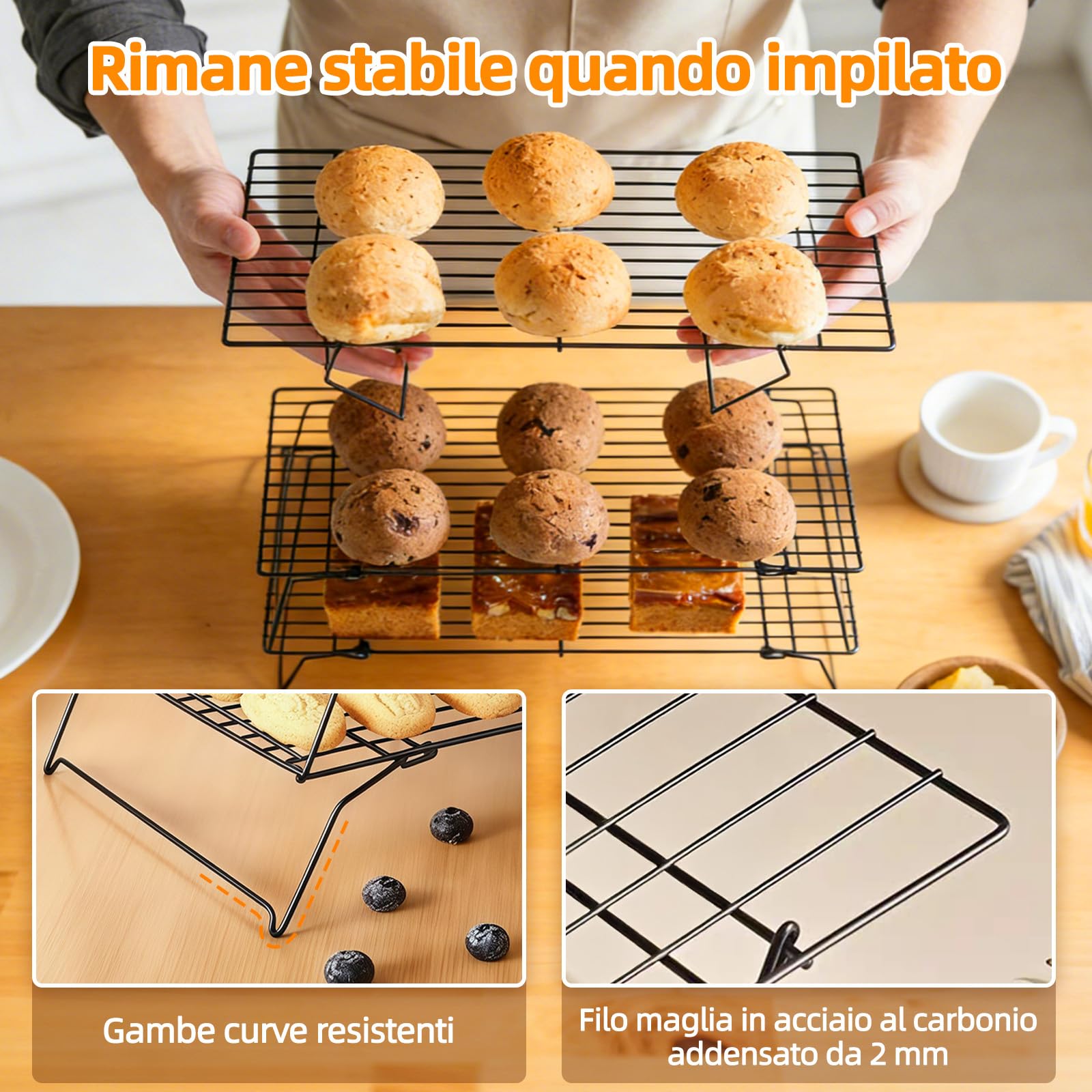 Griglia di Raffreddamento 3 Strati in Acciaio al Carbonio - Pieghevole e Impilabile, Antiaderente Salvaspazio, 40x25x7.5 cm, Nero - Adatto per Asciugare, Raffreddare la Torte, Biscotti e Pasticcini