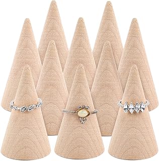Framendino, 10 Pack Natural Wood Cone Ring Holder Finger Jewelry Display Stand Organizer for DIY Craft (Tilted Shaped)