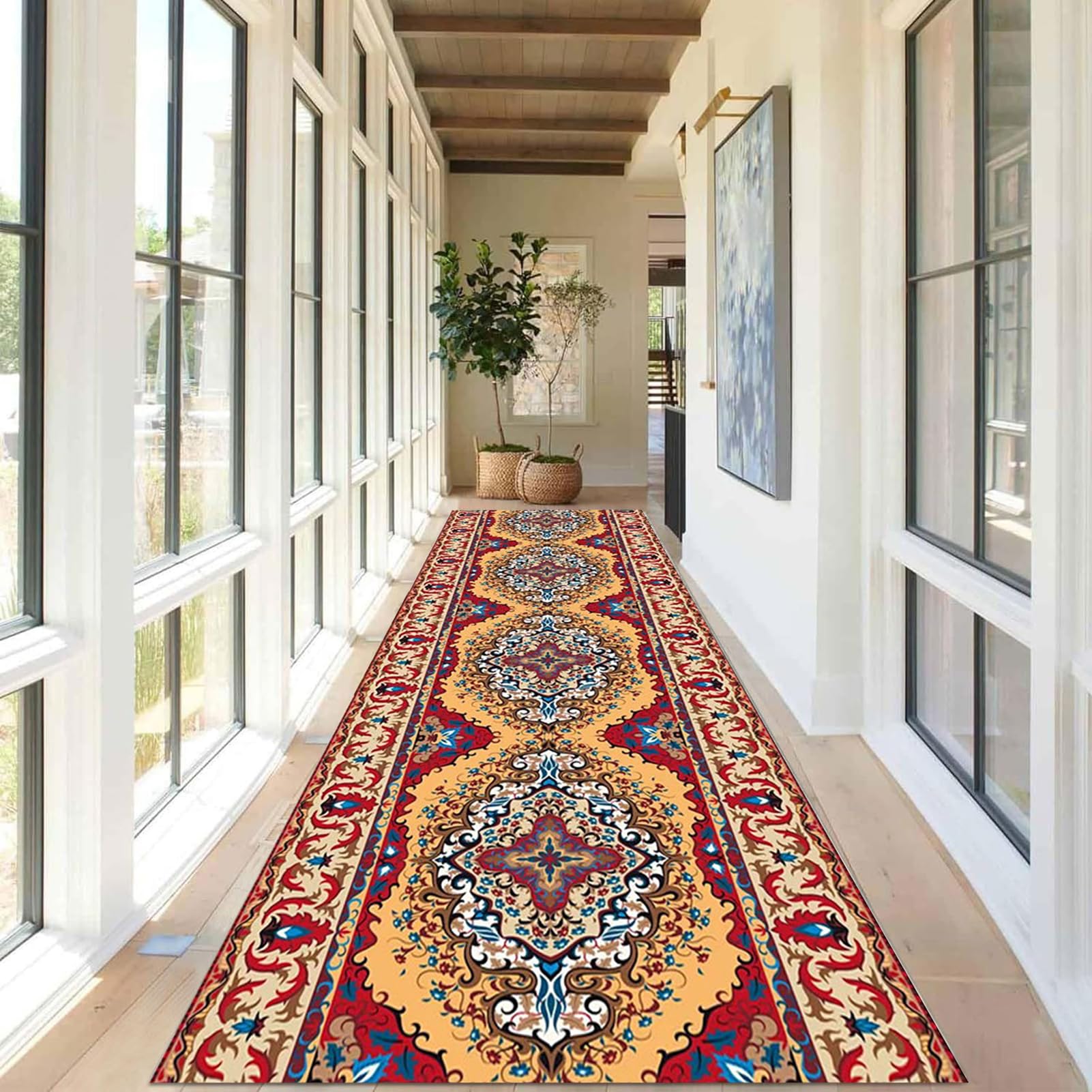 Tapis de couloir bohème marron lavable et antidérapant pour entrée douce