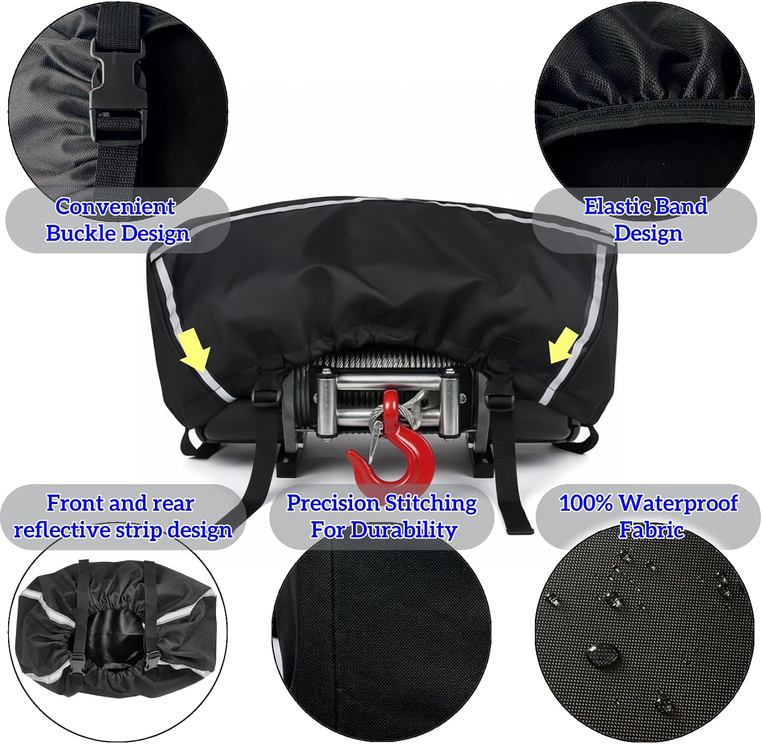 Small Winch Cover,Waterproof Protective Cover for Electric Winches up to 5500lbs,Weather & UV-resistant Trailer Winch Dust Cover with Elastic Bottom and Straps (Black/Reflective Ribbon) image 4