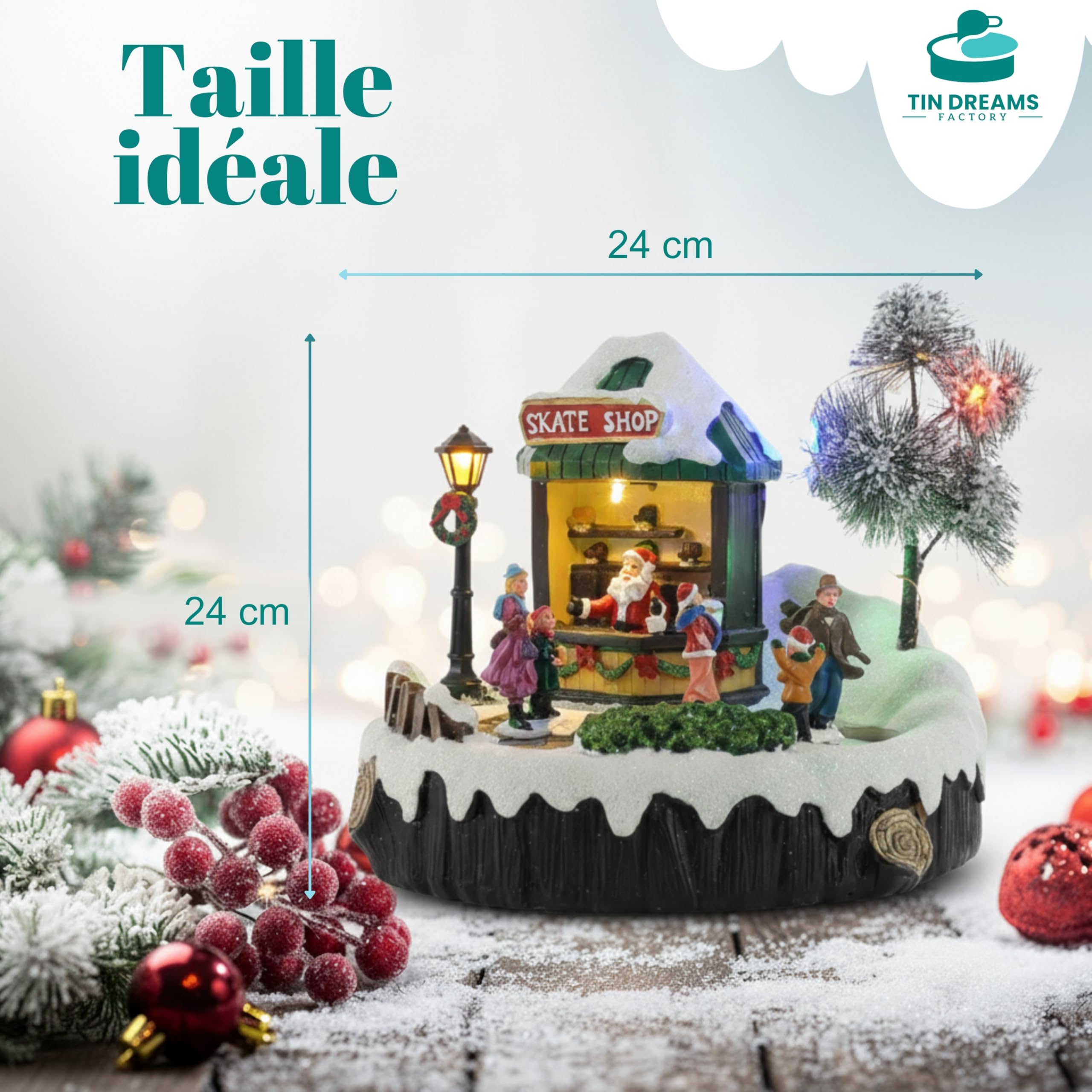 TIN Dreams | Patinoire avec Musique, Mouvement et Lumières | Scène de Noël Animée avec Patineurs | Maison de Noel Lumineuse pour Ville ou Petit Village de Noël | Décoration Festive Maison