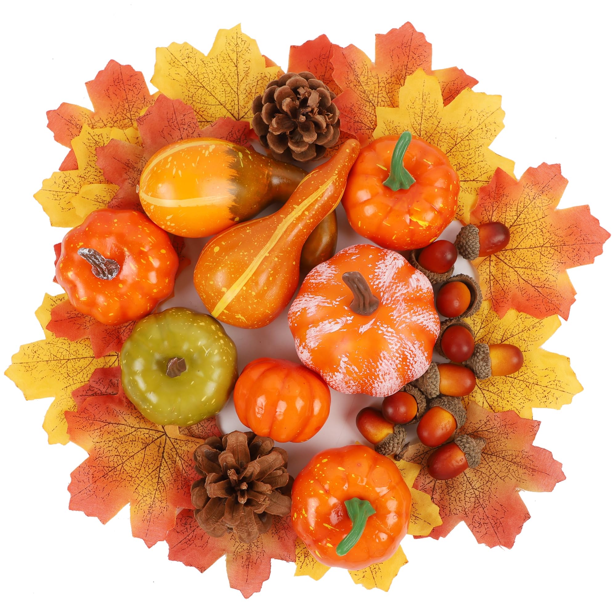 winemana Thanksgiving Artificial Pumpkins Home Decoration Set, Mixture of 50 Artificial Harvest Decoration, 30 Fake Maple Leaves + 10 Fake Acorns + 2 Fake Pinecones + 8 Fake Pumpkins