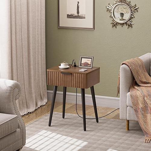 Miniatura 14 de HAIOOU Mesita de noche con estación de carga, cajón de ratán, mesa auxiliar moderna de mediados de siglo, mesa auxiliar auxiliar auxiliar con patas