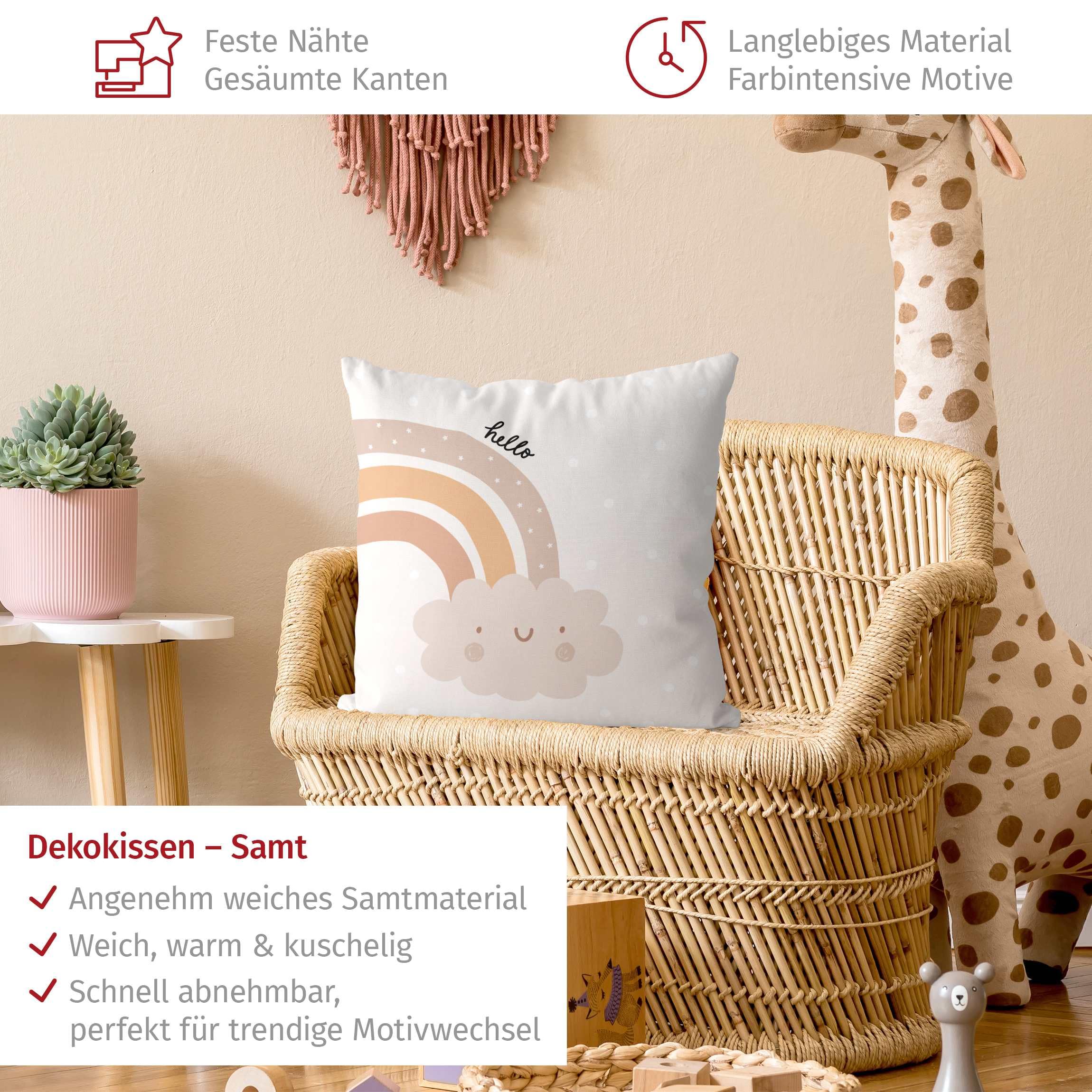 Deko Kissenhülle draußen/Outdoor waschbar Sprüche ohne Füllung Zierkissen - Made in Germany - Regenbogen Bezug beige Sofakissen Illustration Outdoor Sofa Bett 1161