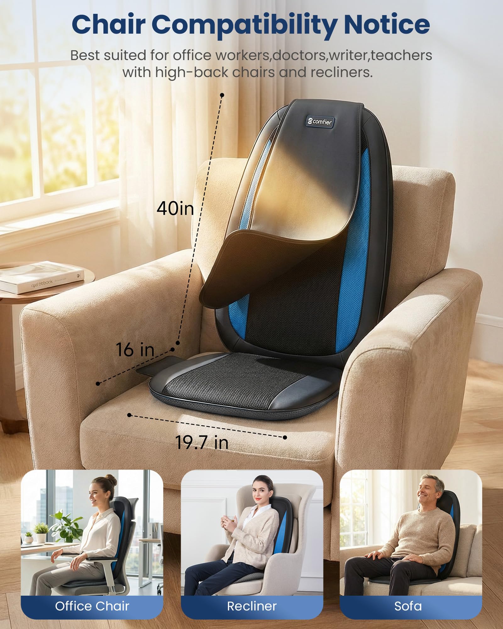COMFIER Shiatsu Massagesitzauflage, Rückenmassagegerät mit Wärme & Vibrationsfunktion, Entspannung für Nacken, Schulter und Rücken, Massagematte für Zuhause und Büro, Geschenk für Männer und Frauen