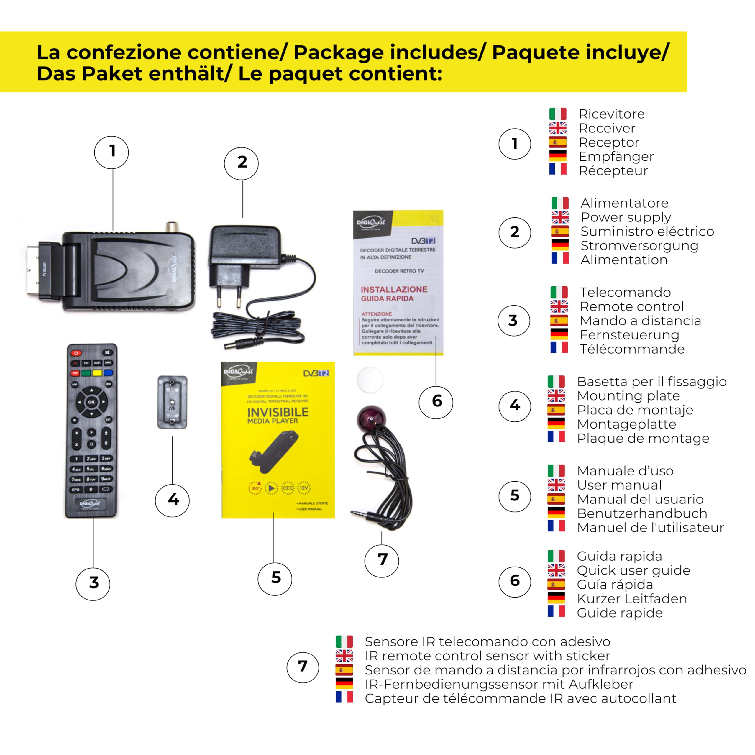 Digiquest INVISIBILE Decoder Digitale Terrestre DVB-T2 HEVC 10bit Full HD, Mini Decoder SCART HD Snodabile 180°, Alimentazione 12V per Camper e Barche, Media Player USB, Telecomando TV tramite CEC
