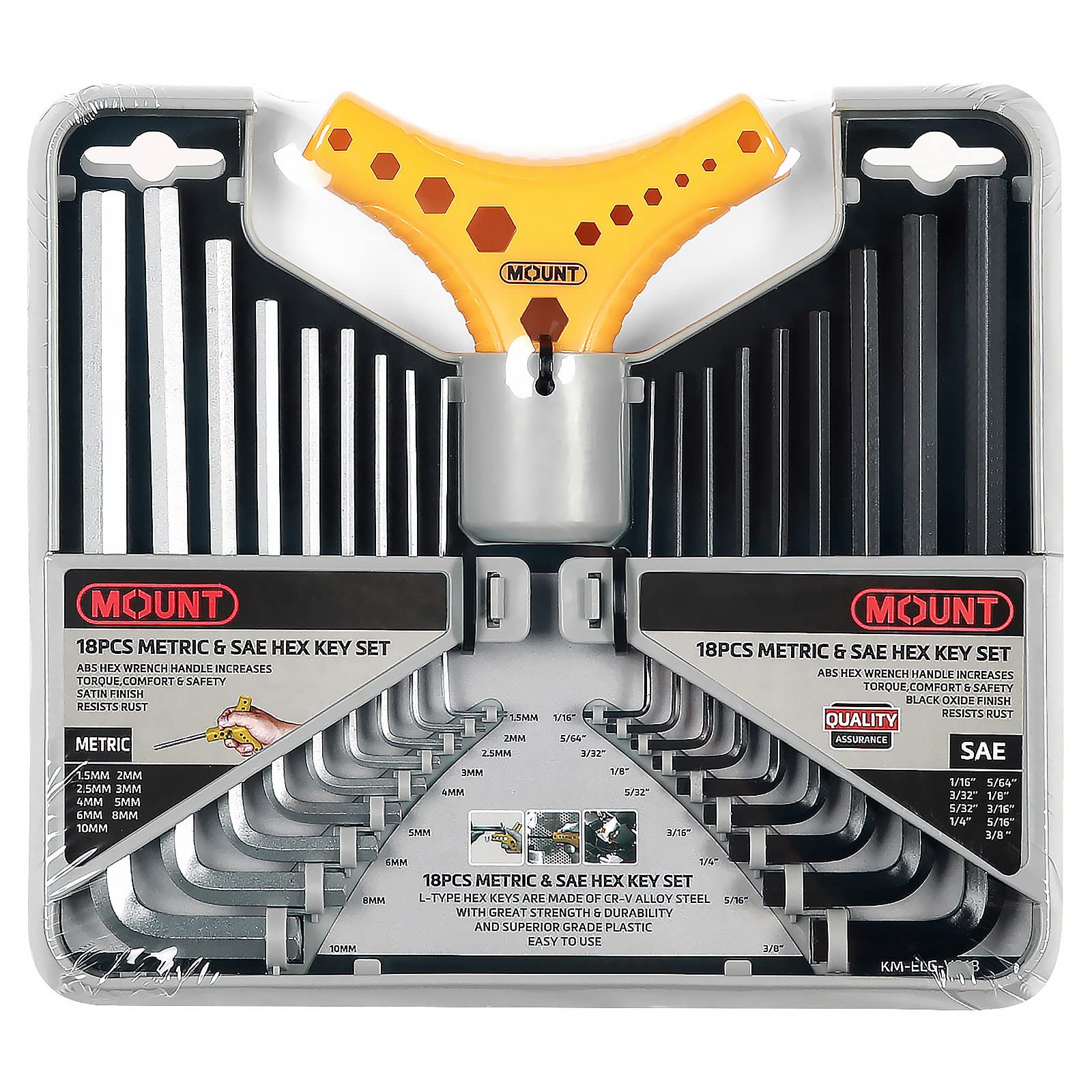 MOUNT 18PCS Long Arm Hex Key Set, Cr-V Alloy Steel, Ergonomic Handles, Metric/SAE Sizes, Portable Driver Tool Kit with Storage Rack for Home and