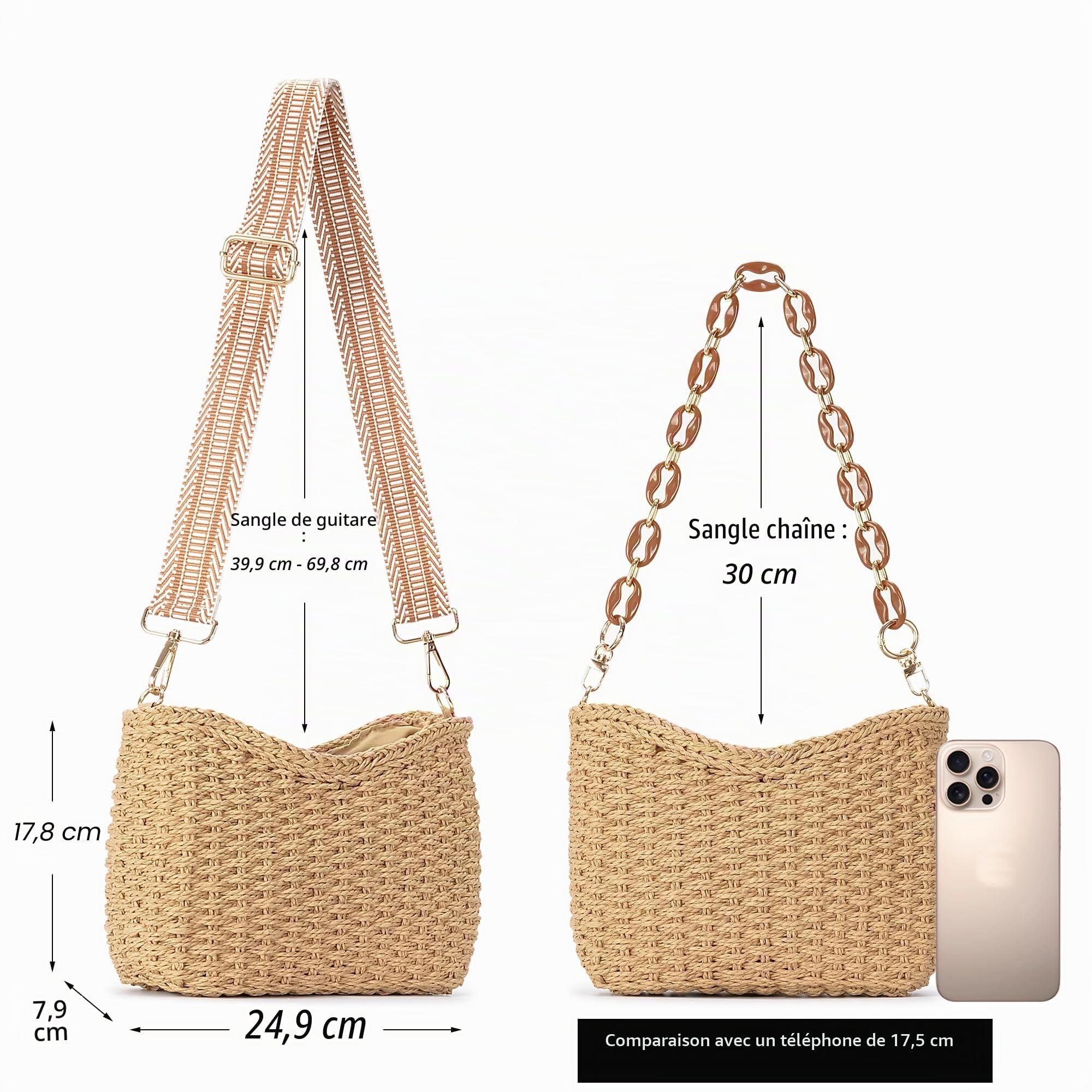 Herald Petit sac à bandoulière d'été pour femme, sac à main en paille tissée, sac à main à bandoulière, café, Small