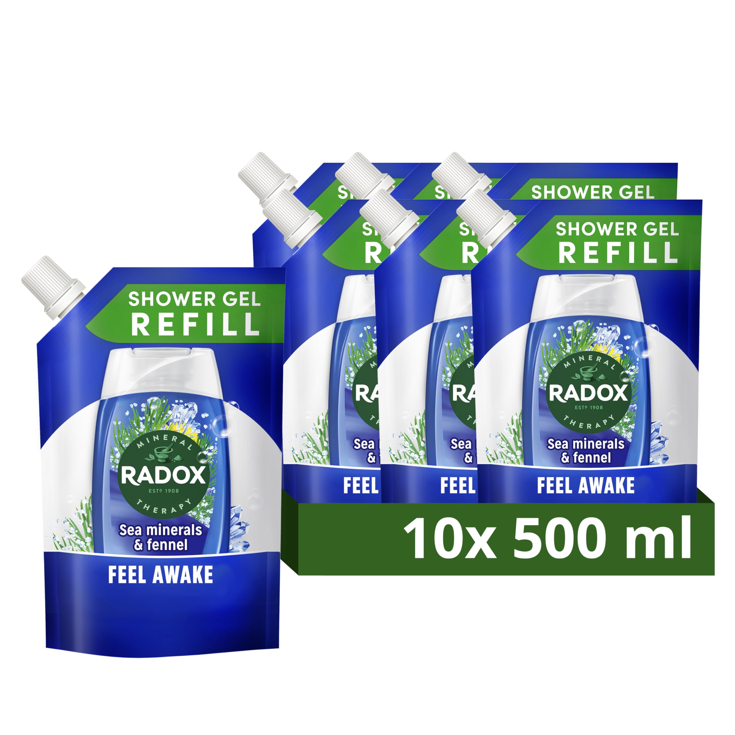 Radox Mineral Therapy Feel Awake 2-in-1 Body Wash & Shampoo Eco Refill Shower Gel with a sea mineral & fennel fragrance for a refreshing experience 10x 500 ml