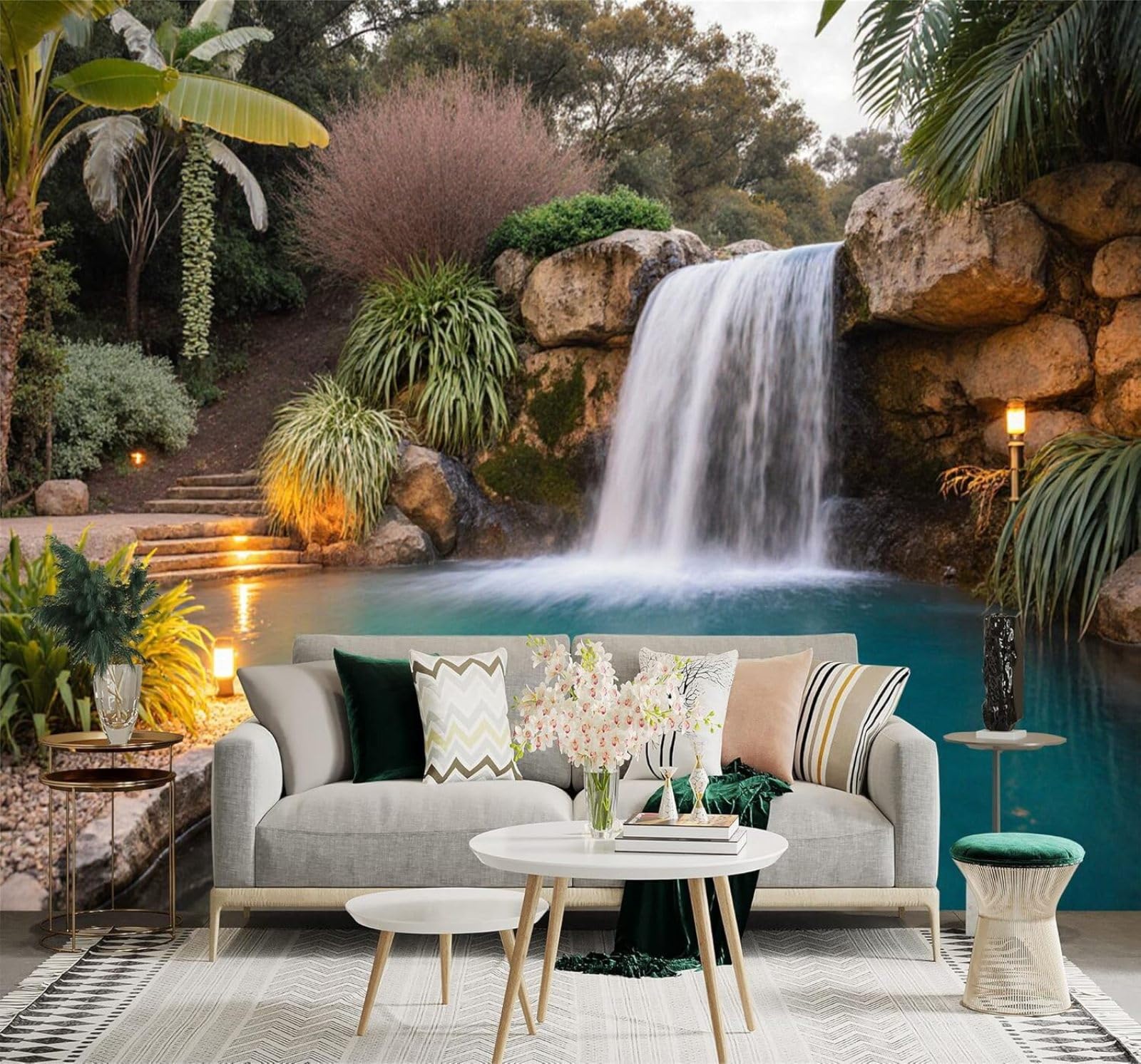 XLMING Tropical Garden Waterfall Rocks Swimming Pool Greenery 3D Wallpaper Silky Texture Home Study Office Grey Dining Room Sofa Bedroom Living Room TV Backdrop-350cm×256cm