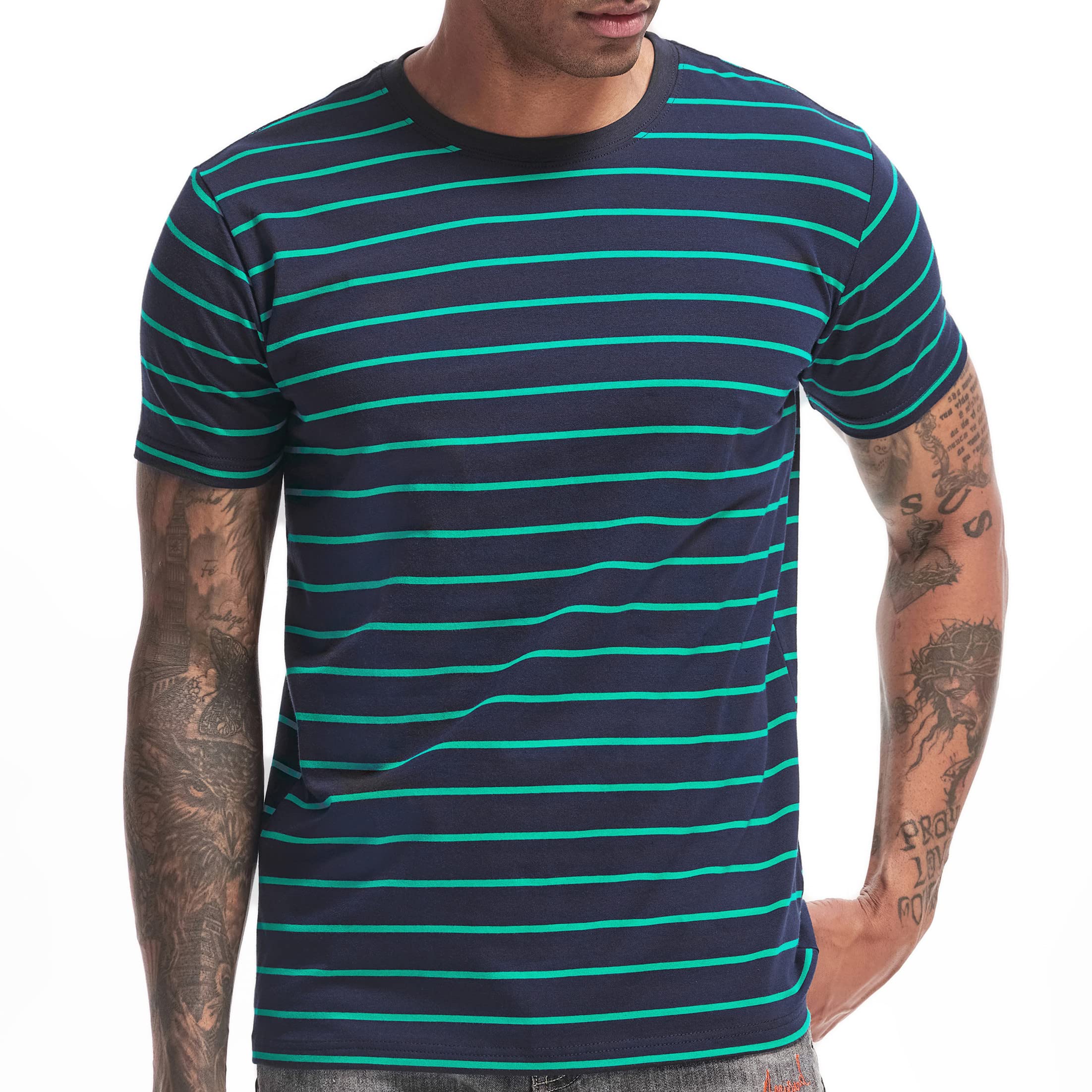 VEIISAR Gestreiftes Herren T-Shirt aus 95% Baumwolle & 5% Elasthan – Bequemes & elastisches T-Shirt – Casual Freizeit-Shirt