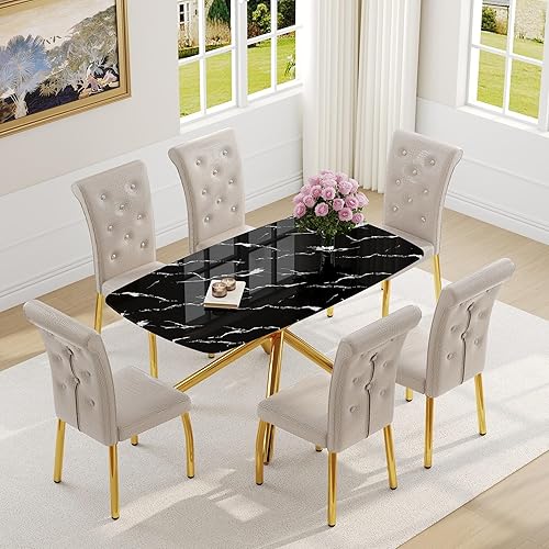 Miniatura 28 de Juego de mesa de comedor moderno de 63 pulgadas para 6 personas, juego de 6 mesas de comedor de cristal con patas de metal plateado, mesa de cocina