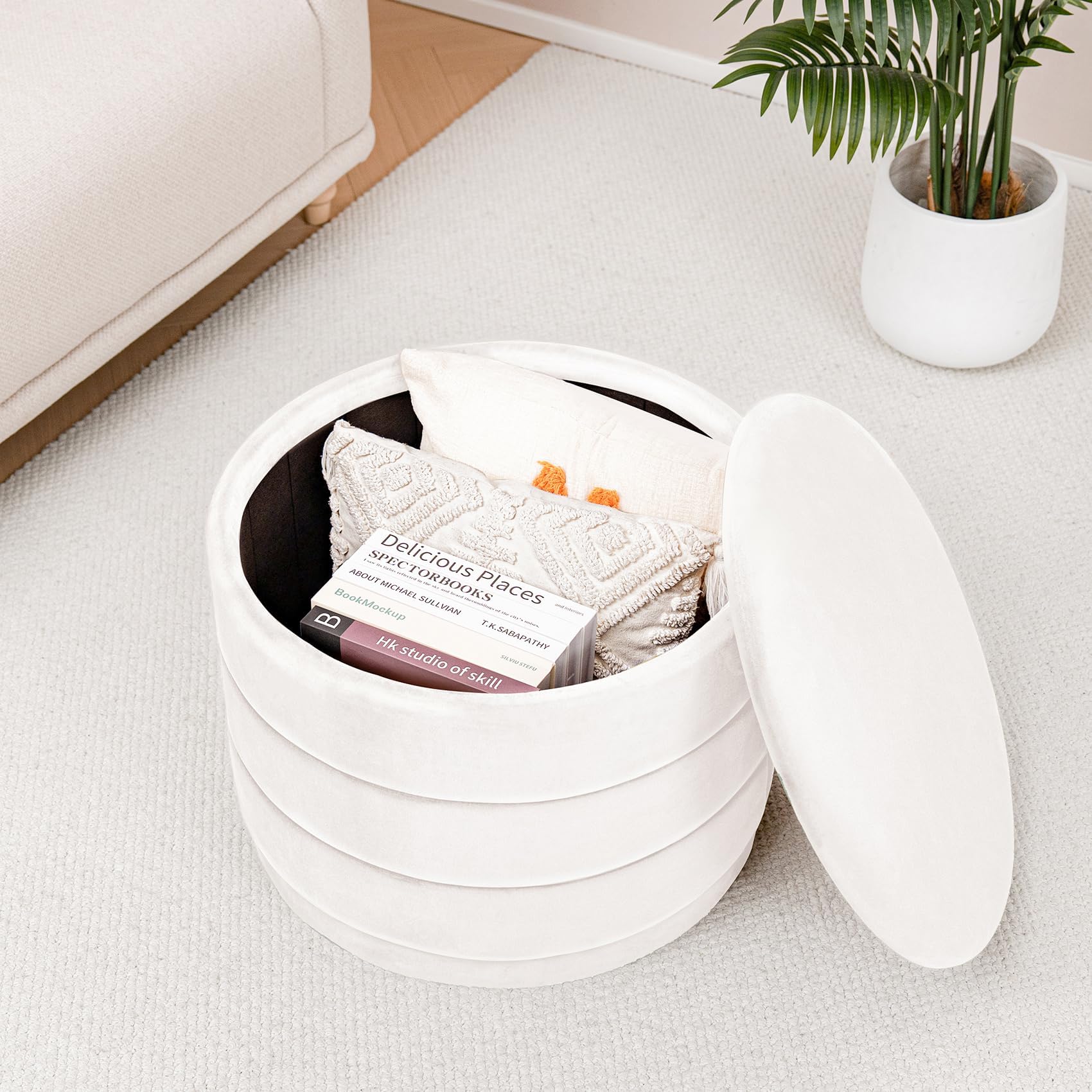Bonlife Ottoman Rond avec Couvercle,Repose-Pieds Pliable avec Table,Repose-Pieds pour Salon, Chambre à Coucher, Couloir, Velours Blanc, 58 x 58 x 44 cm