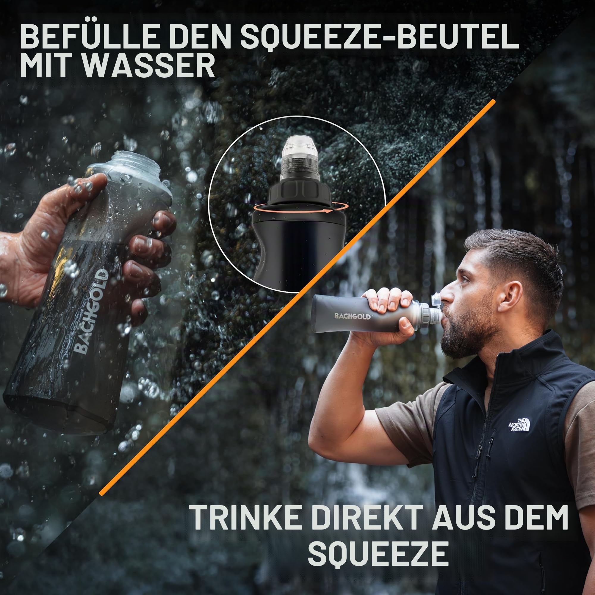 Bachgold® Outdoor Wasserfilter Set – Profi Filterflasche 500ml & Squeeze Filter 1000ml – Entfernt 99,99% Bakterien, Viren & Mikroplastik, Perfekt für Camping, Wandern, Survival & Notfälle