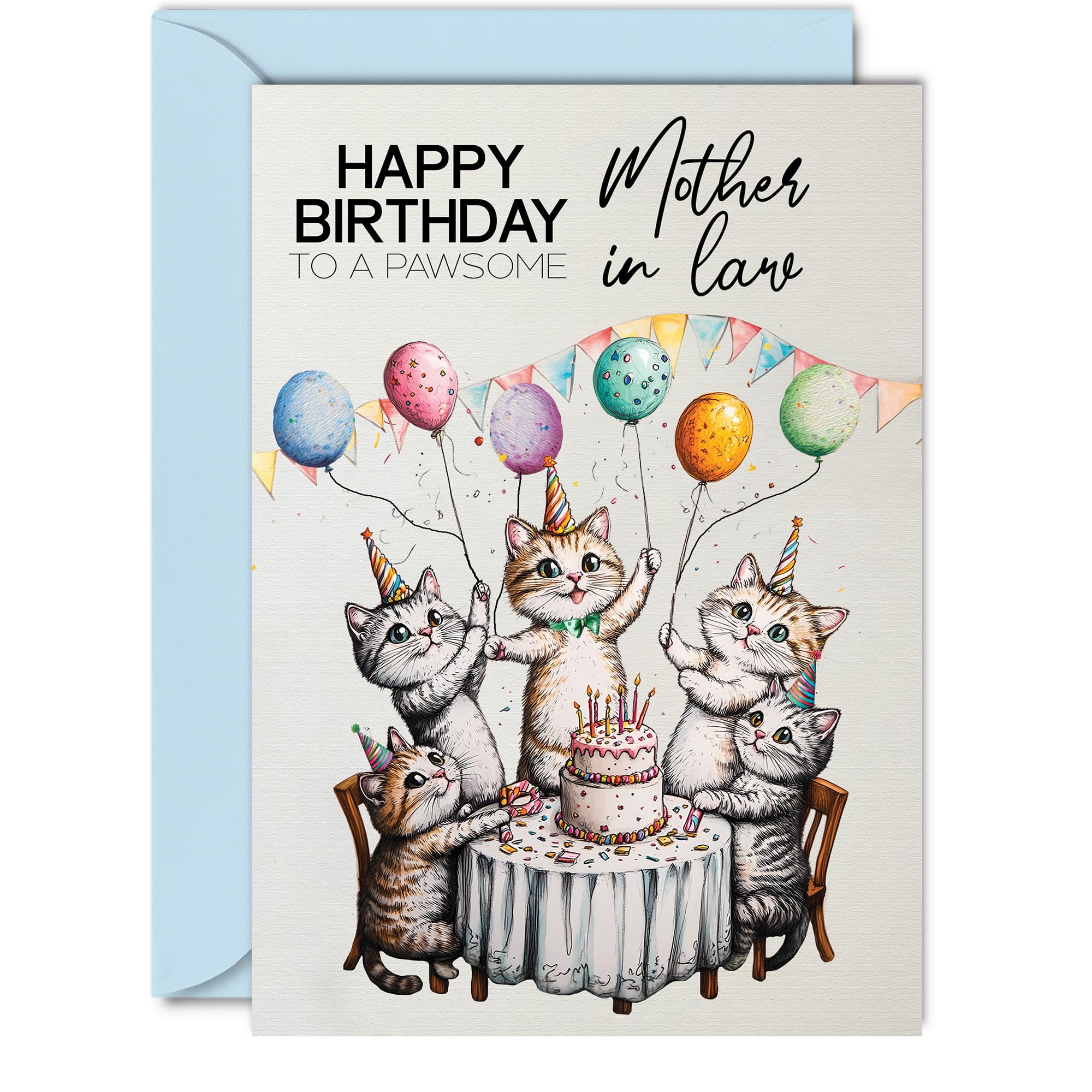 Mother in Law Birthday Card - Pawsome Party Cats Balloons - Happy Birthday Card for Mother in Law from Son Daughter in Law, 5x7 Inch Female Cat Bday Greeting Cards