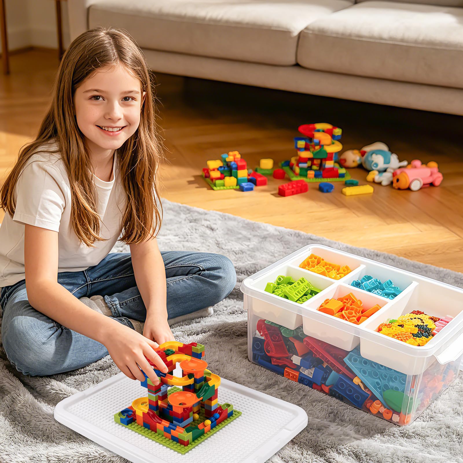 Aufbewahrungsboxen mit Deckel & AbnehmbaresTablett & Bauplatte für Bausteine Aufbewahrungsbox Spielzeug Box Stapelboxen Kunststoff Sortierboxen Kleinteile Transparent