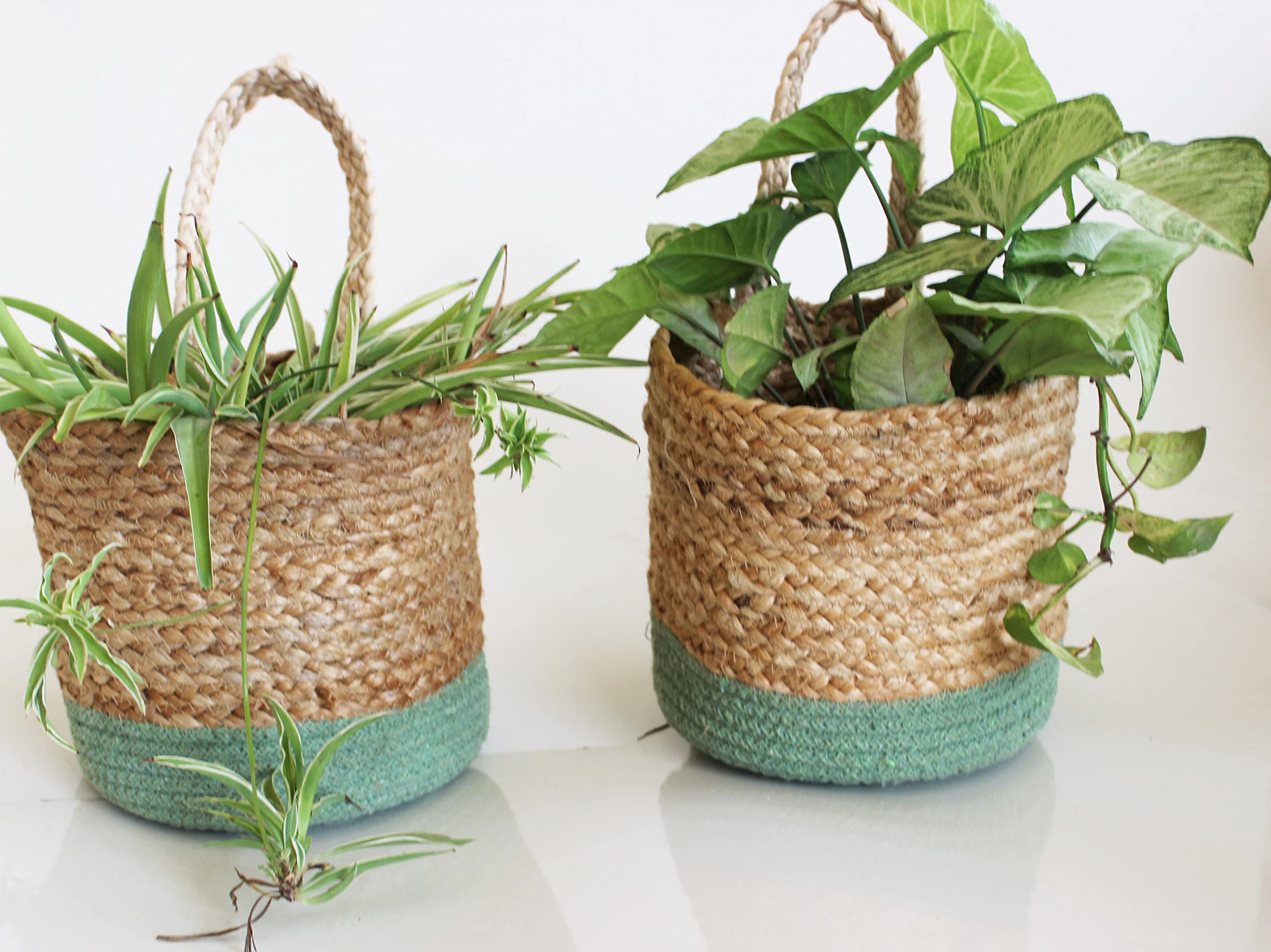 Olive Green Hanging Planters (8 inches) | 20CM Set of 2, 100% Natural Handcrafted Jute Planter Pots Storage Baskets with Handle for Home and Bathroom, Outdoor (B0C6ZS15RB) Amazon Price History, Amazon Price Tracker