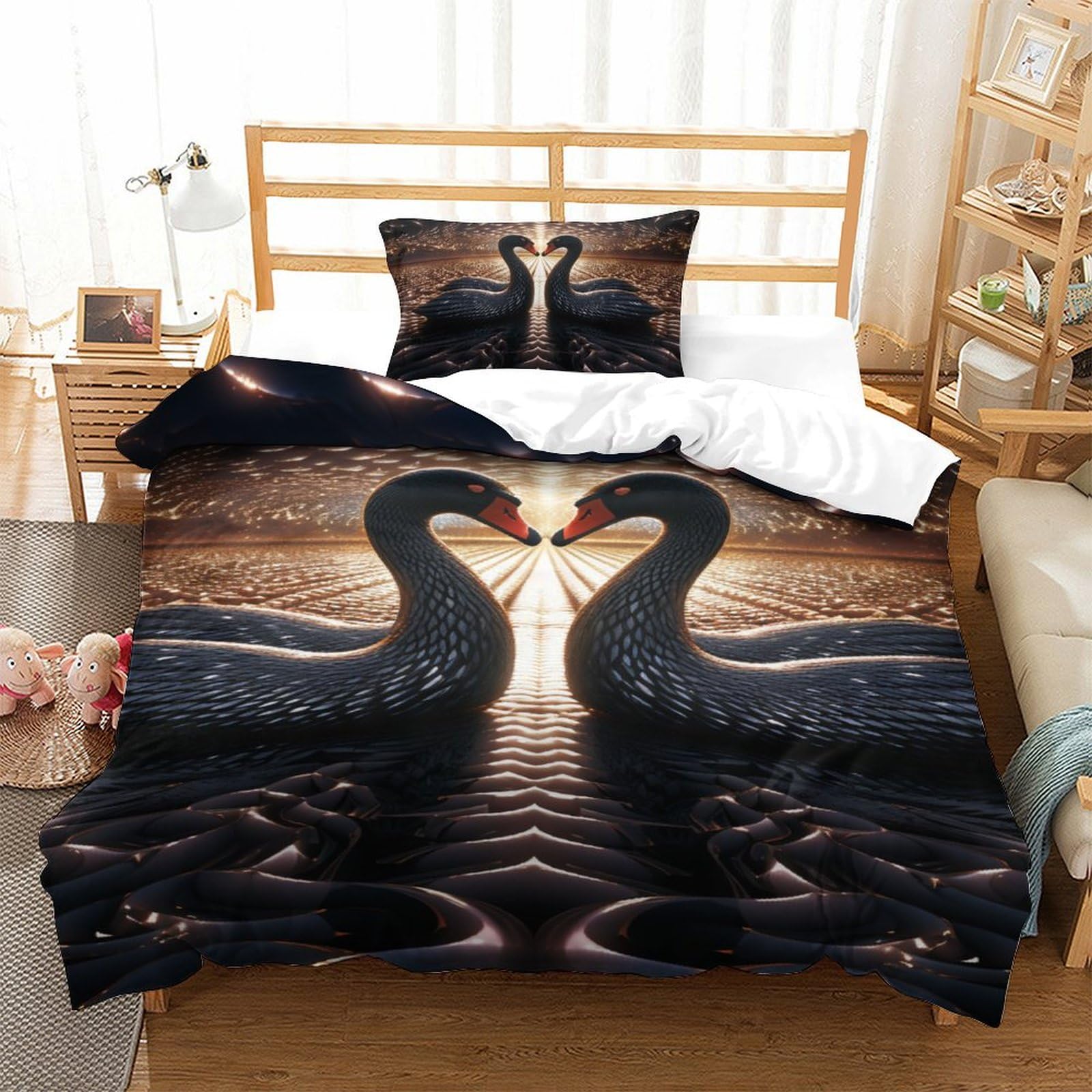 Housses de couettes cygne imprimé 3D en microfibre douce single 135x200 cm