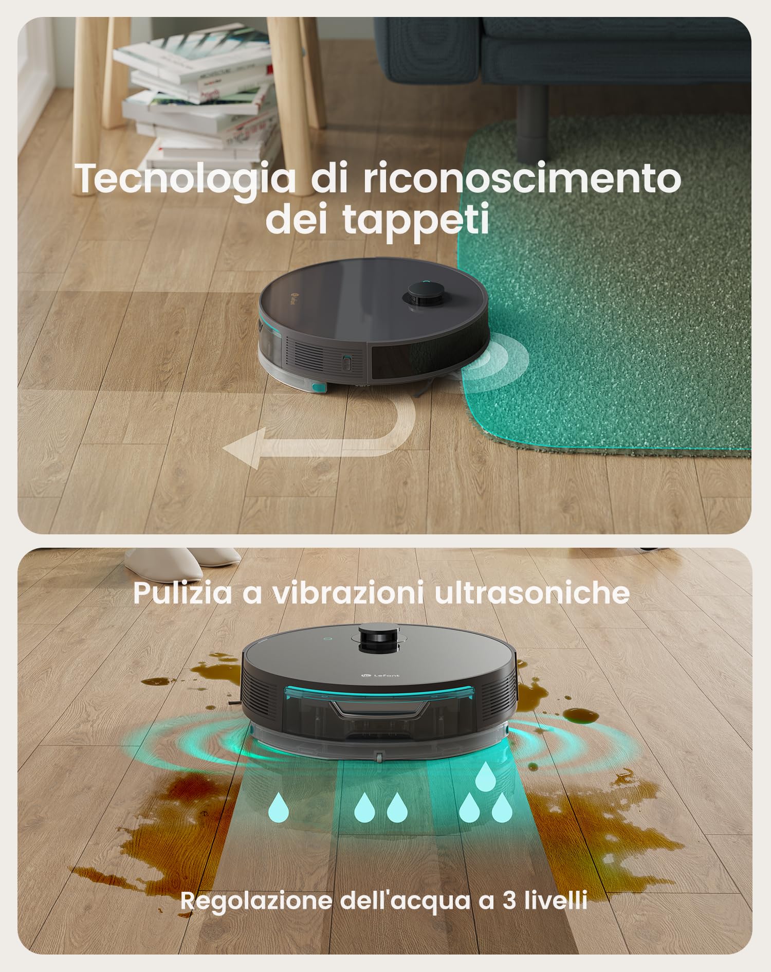 LEFANT N3 Robot Aspirapolvere Lavapavimenti con Mappatura,Sensore Laser d-ToF,Barriere Virtuali,10000pa,200min,Pulizia Dell'area Selezionata,Aspirapolvere Robot Collegato da Alexa/APP, Grigio