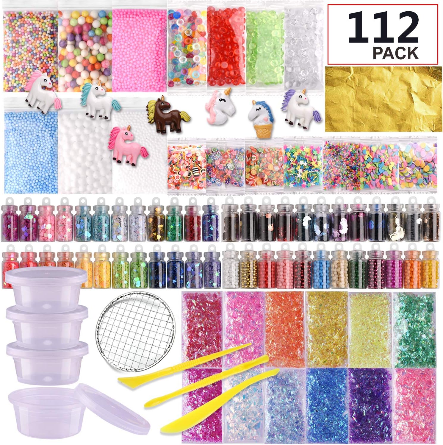 112 Pack Slime Making Kits Supplies,Gold Leaf,Foam Balls,Glitter Shake Jars,Fishbowl Beads,Fruit Slices,Fake Sprinkles,Glitter Sequins Accessories, Slime Tools，Sugar Papers