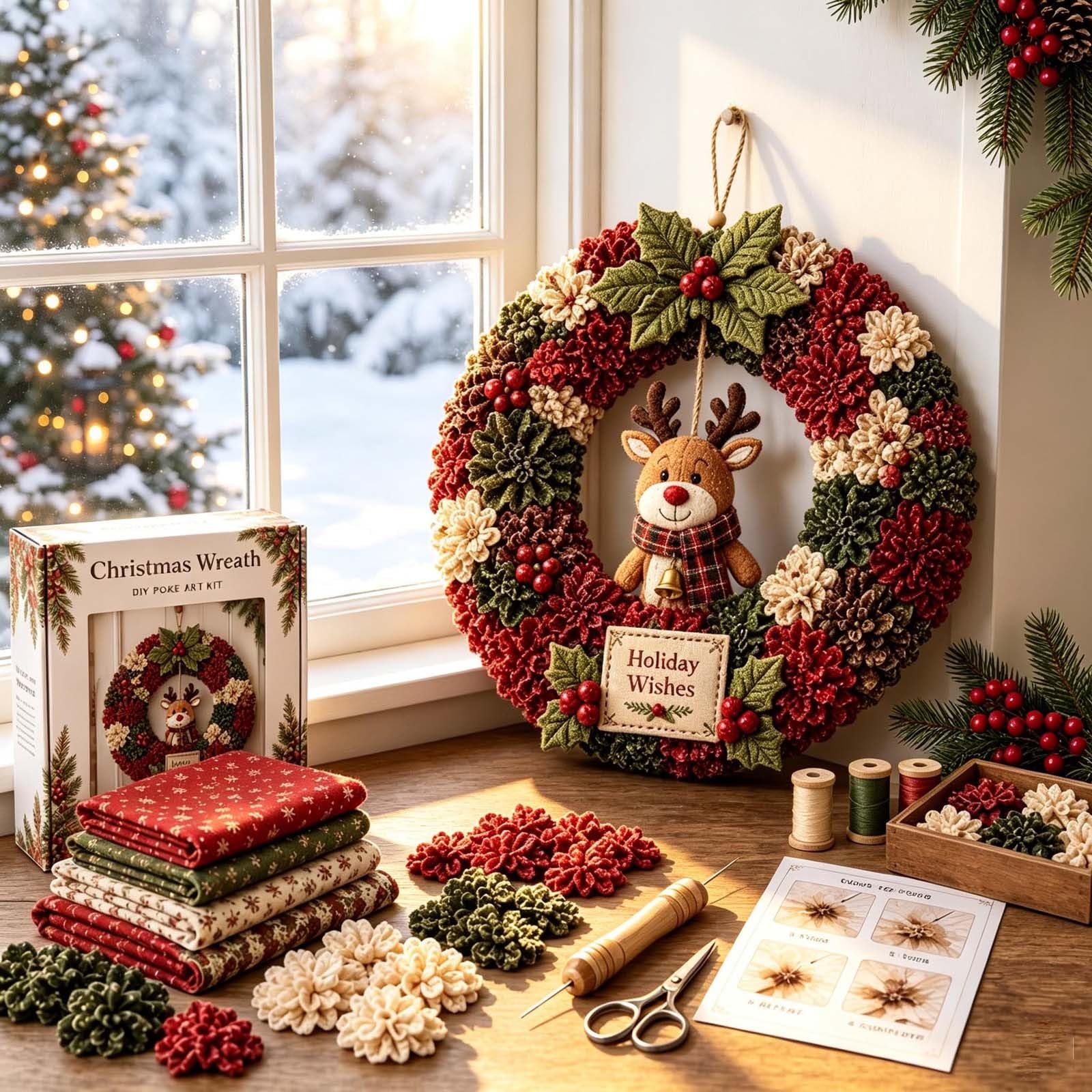 3D Fabric Poke Wreath DIY Kit, Christmas Wreath DIY Kit for Adults，D