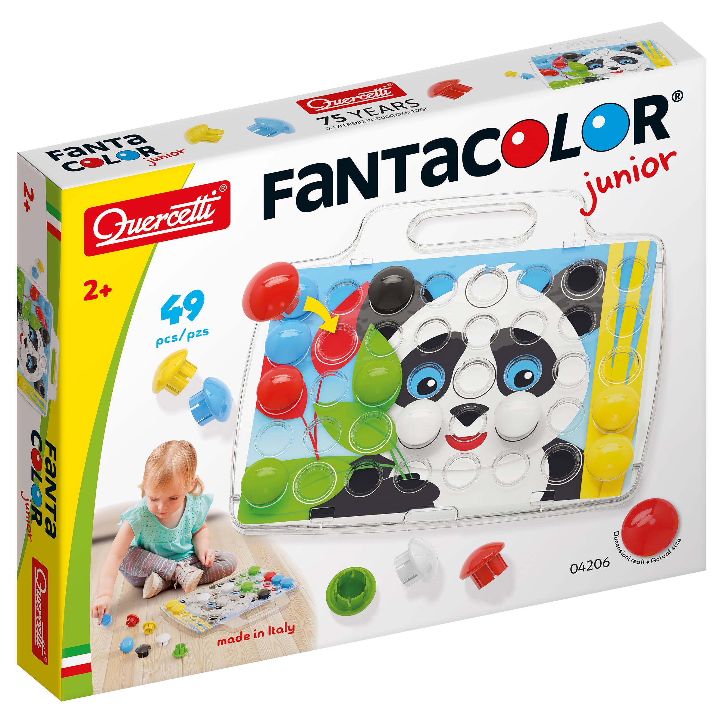 Quercetti - FantaColor Junior Basic - Mosaici per bambini da 2 anni - gioco educativo - prima infanzia - 100% Made in Italy - 40 bottoni - Motricità fine - coordinazione – 4206
