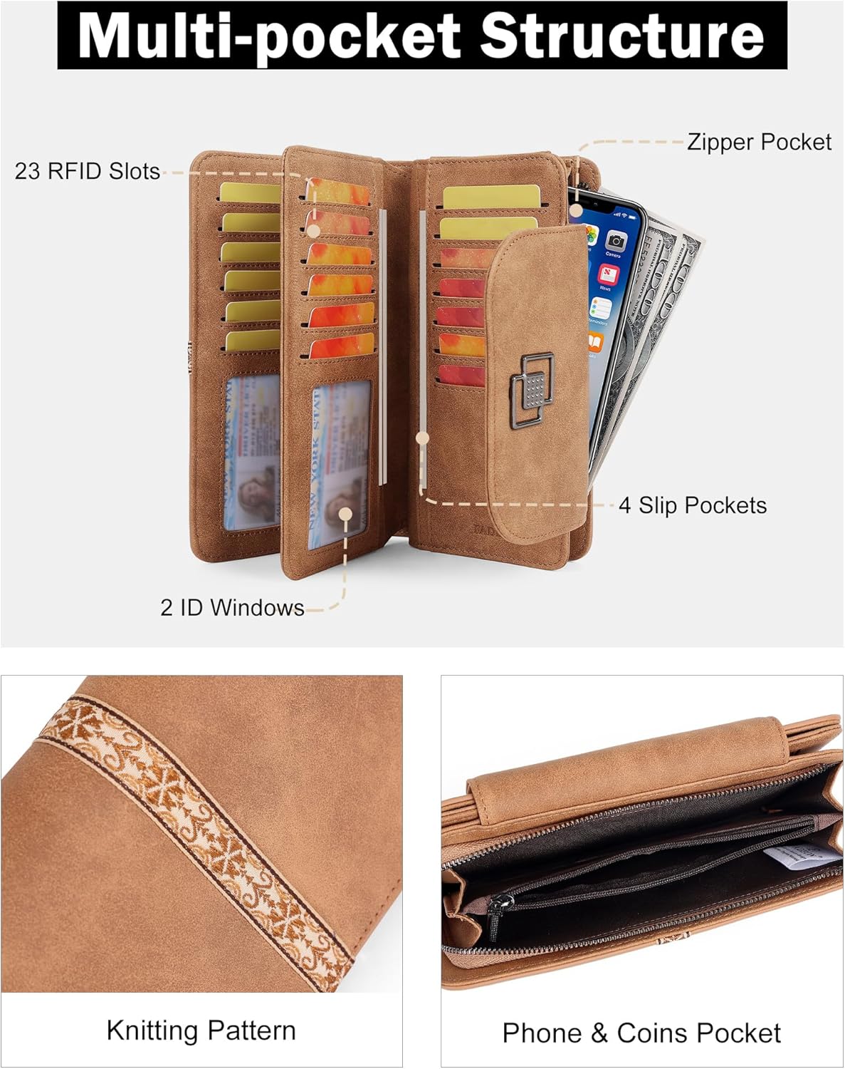 FADEON Leather Wallets for Women, Large RFID Blocking Trifold Wristlet Purse with Credit Card Holder Organizer - Image 3