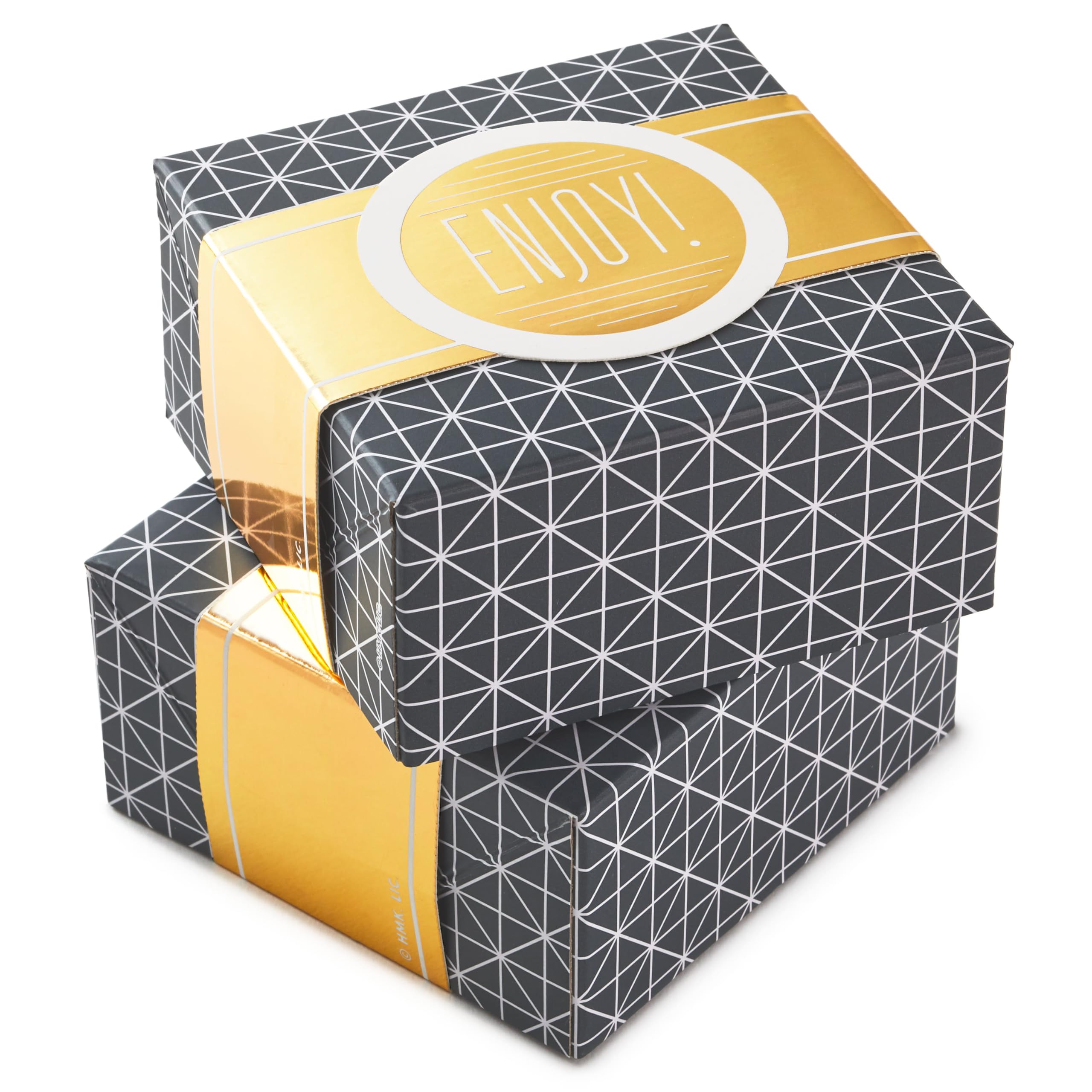 Hallmark Small Gift Boxes with Wrap Band (2-Pack: Gray Geometric, Gold "Enjoy!") 4 inch Boxes for Weddings, Graduations, Engagements, Birthdays, Housewarmings, Wrapped Treats and Cookies