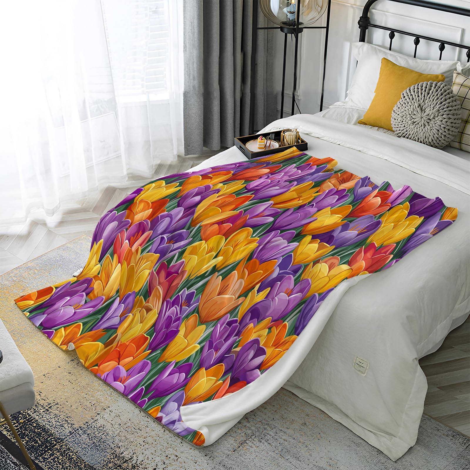 Sherpa Franela Reversible para Cama 90 135 150 200, Manta Polar Con para Sofá, patrón azafrán Tema de primavera Borreguito Gruesa, Suave, Caliente,Transpirable para Invierno color naranja,135×160CM