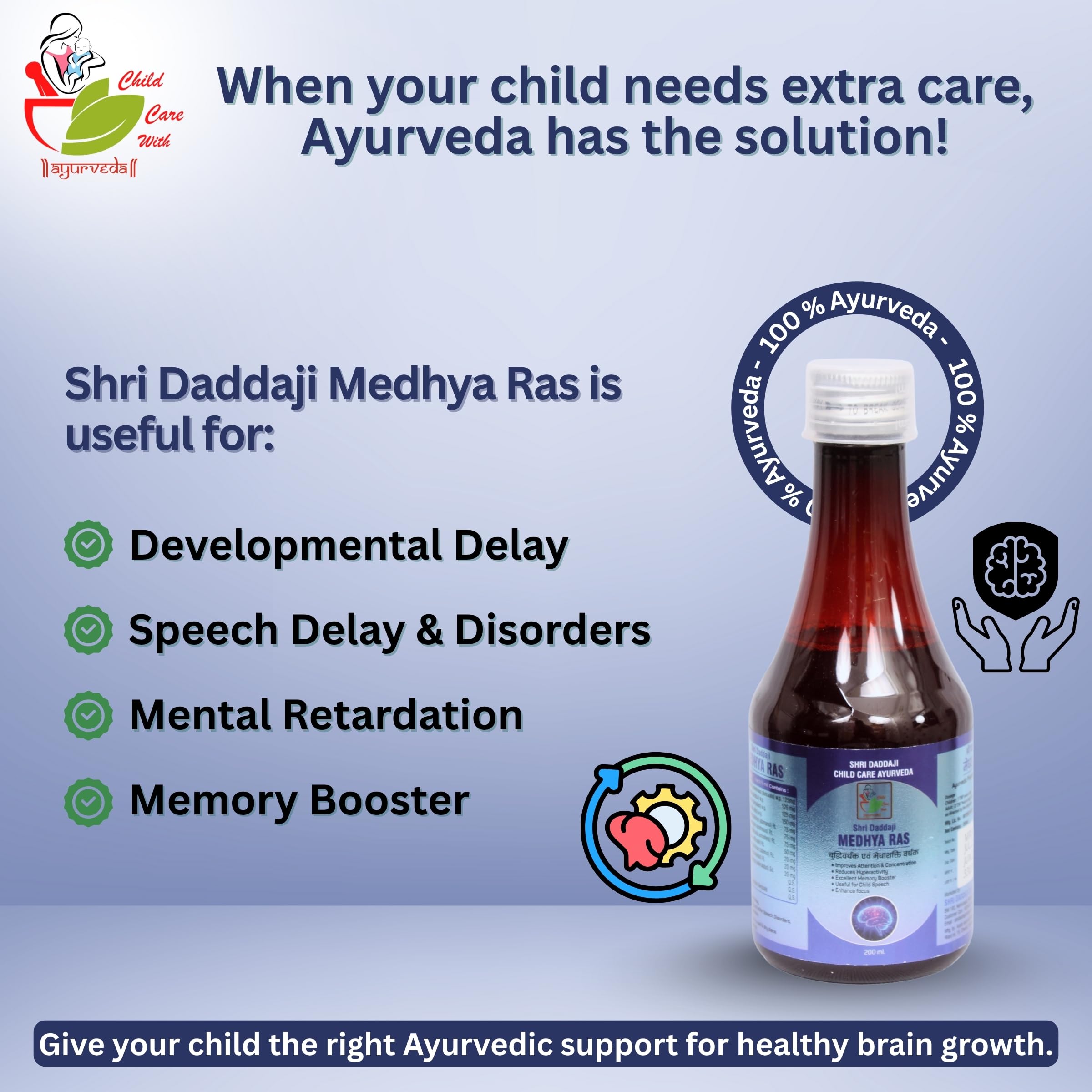 Shri Daddaji Medhya Ras Syrup 200ml | Ayurvedic Brain & Nerve Tonic for Kids | Supports Speech Delay, Development Delay & Memory Power | Natural Herbal Tonic for Children’s Cognitive Growth - Image 3 thumbnail